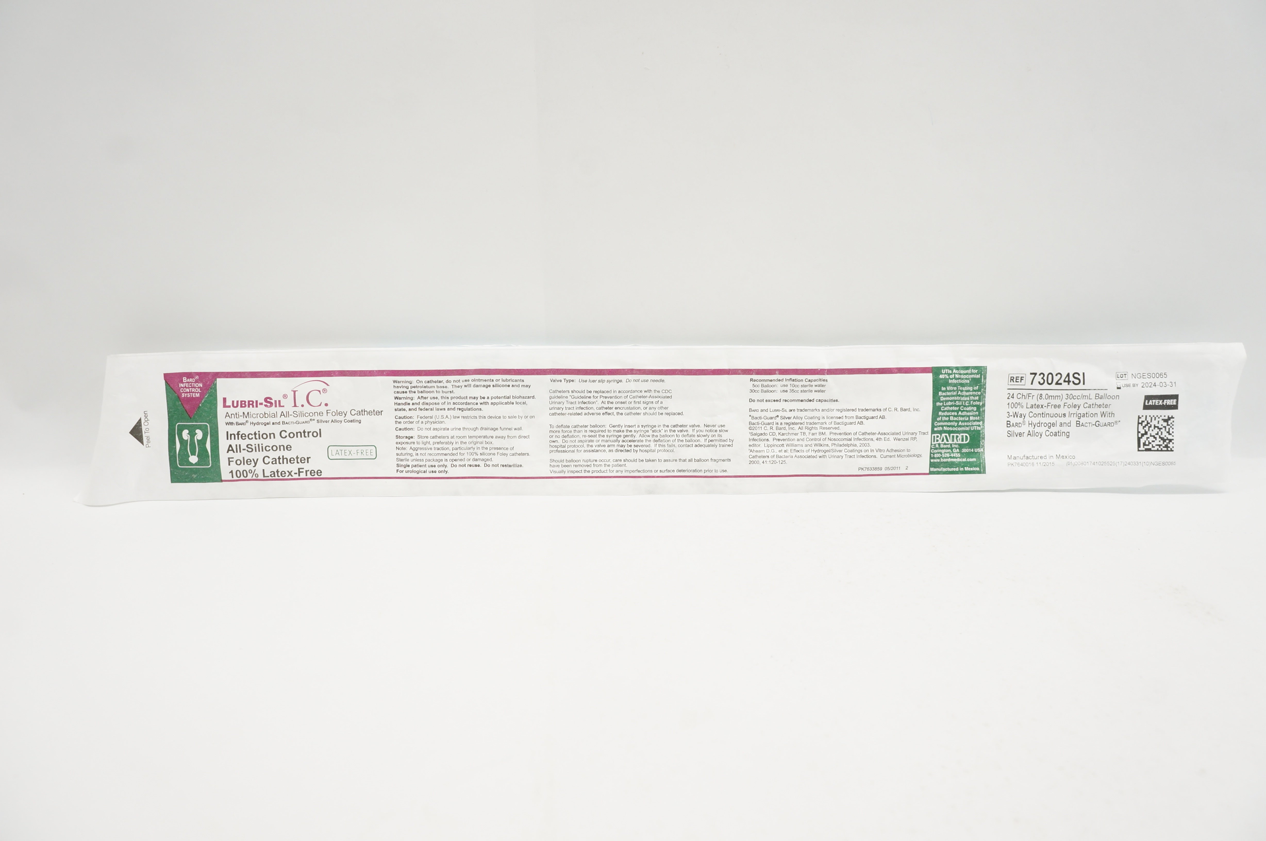 Bard 73024SI Lubri-Sil I.C. Anti-Microbial Foley Cath. 24Ch/Fr 30cc/mL Balloon