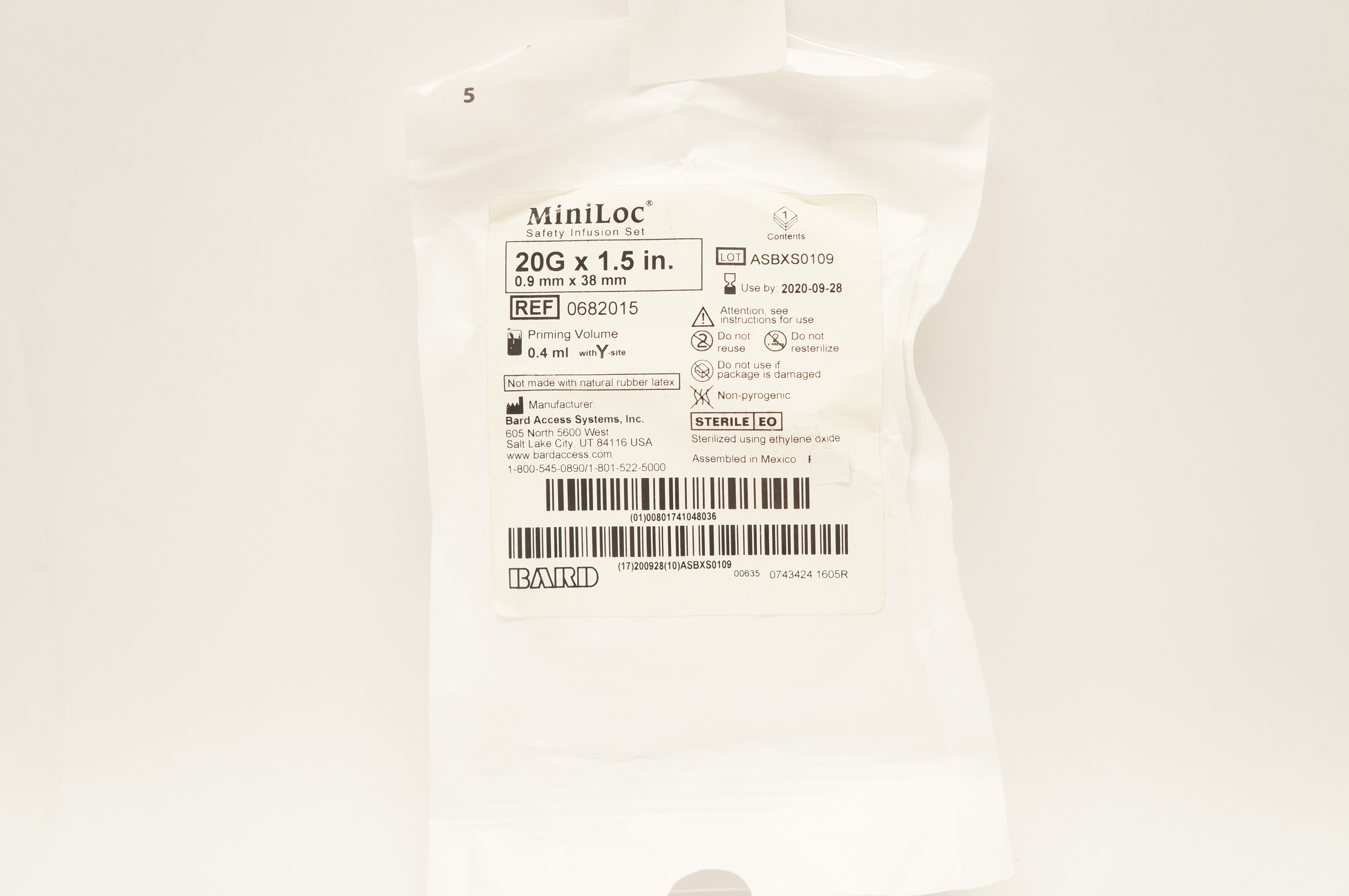 Bard 0682015 MiniLoc Safety Infusion Set 20G x 1.5inch 0.4ml (x)