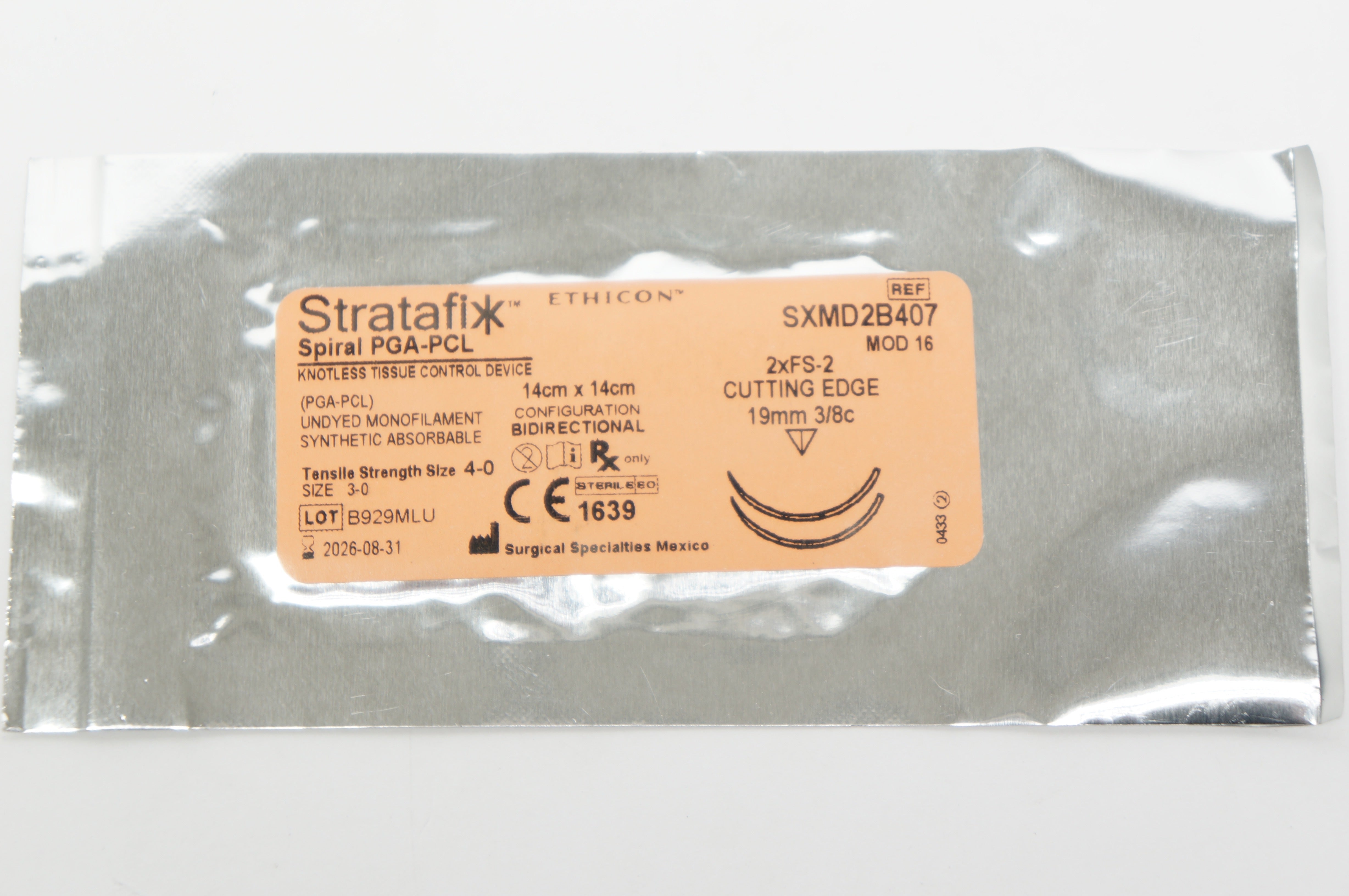 Ethicon SXMD2B407 4-0 Stratafix Spiral PGA-PCL, 2xFS-2, 19mm 3/8c, 14cmx14cm