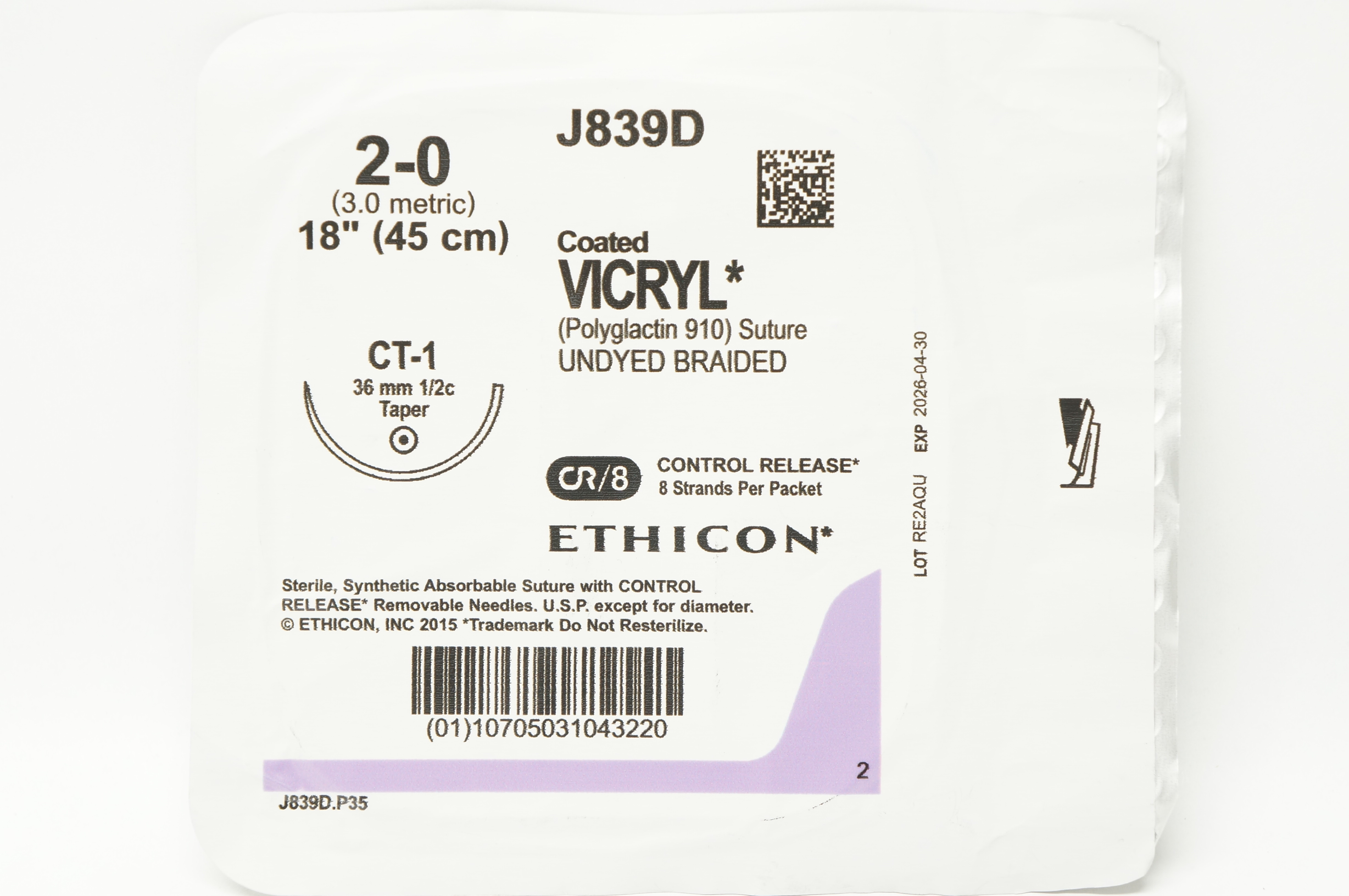 Ethicon J839D 2-0 Coated VICRYL Stre CT-1 36mm 1/2c Taper, 18 inch