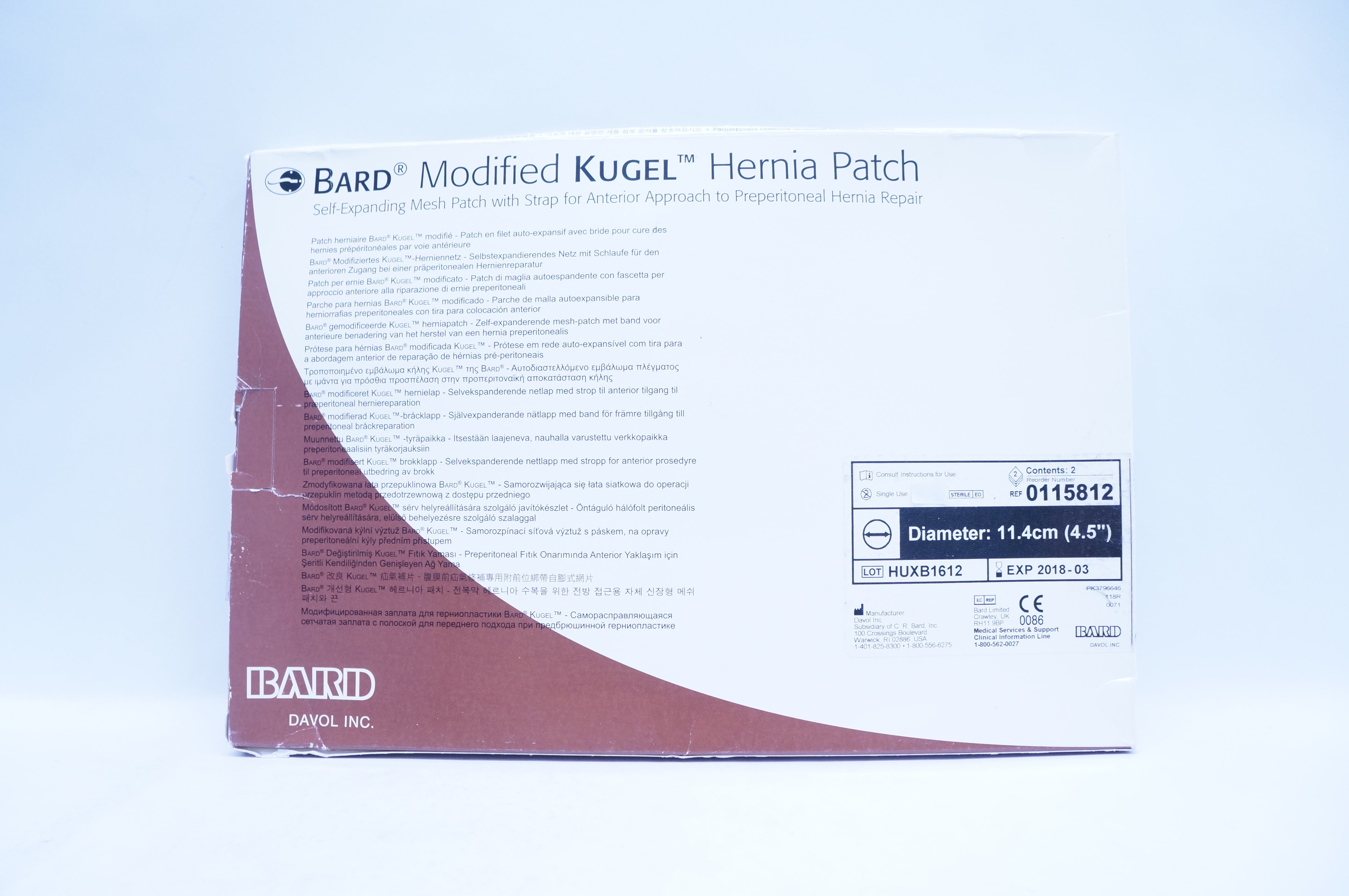 Bard 0115812 Davol Modifid Kugel Hernia Patch 4.5inch (x) - Box of 2