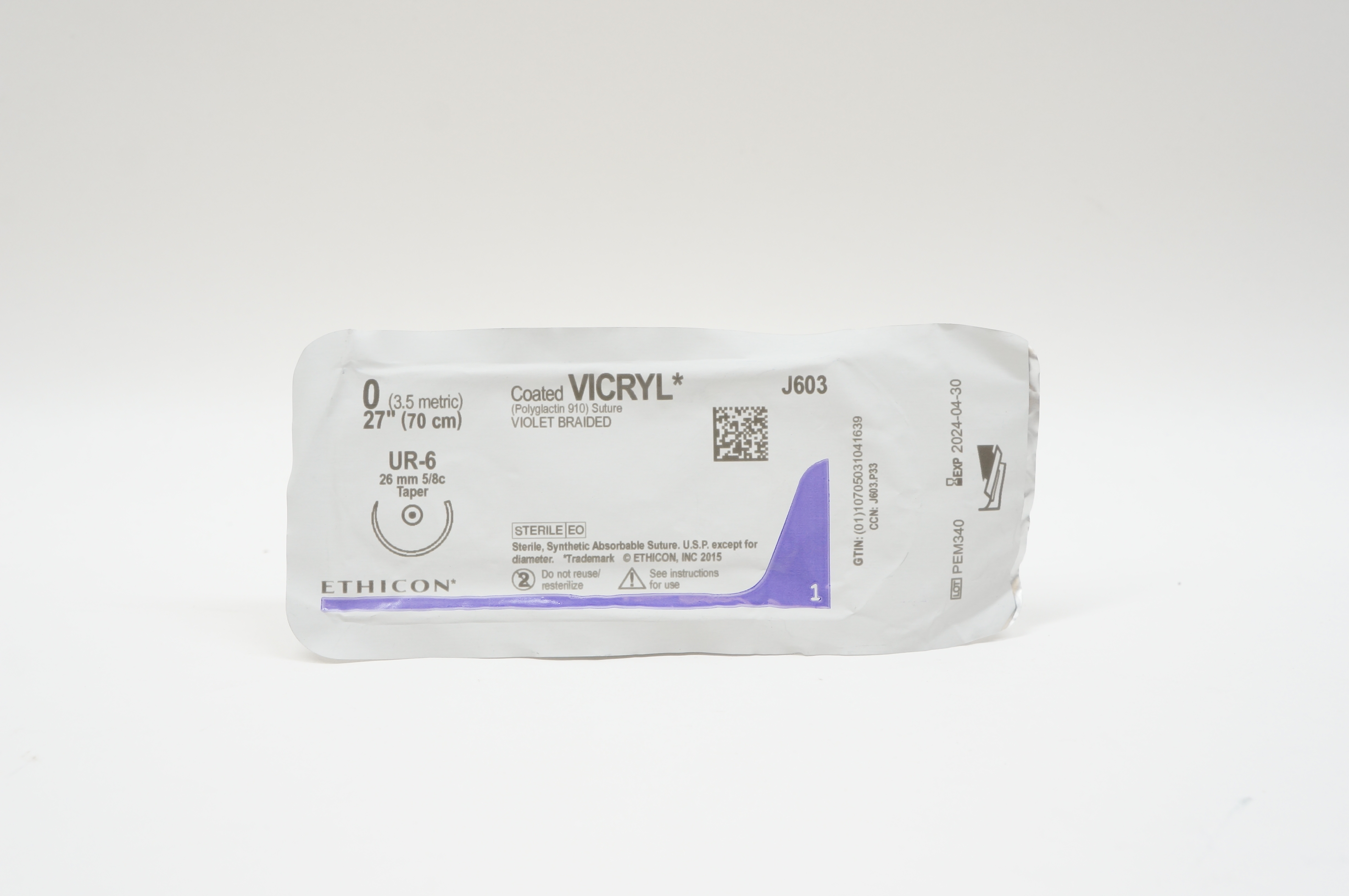 Ethicon J603 0 VICRYL, UR-6, 26mm 5/8c Taper, 27inch