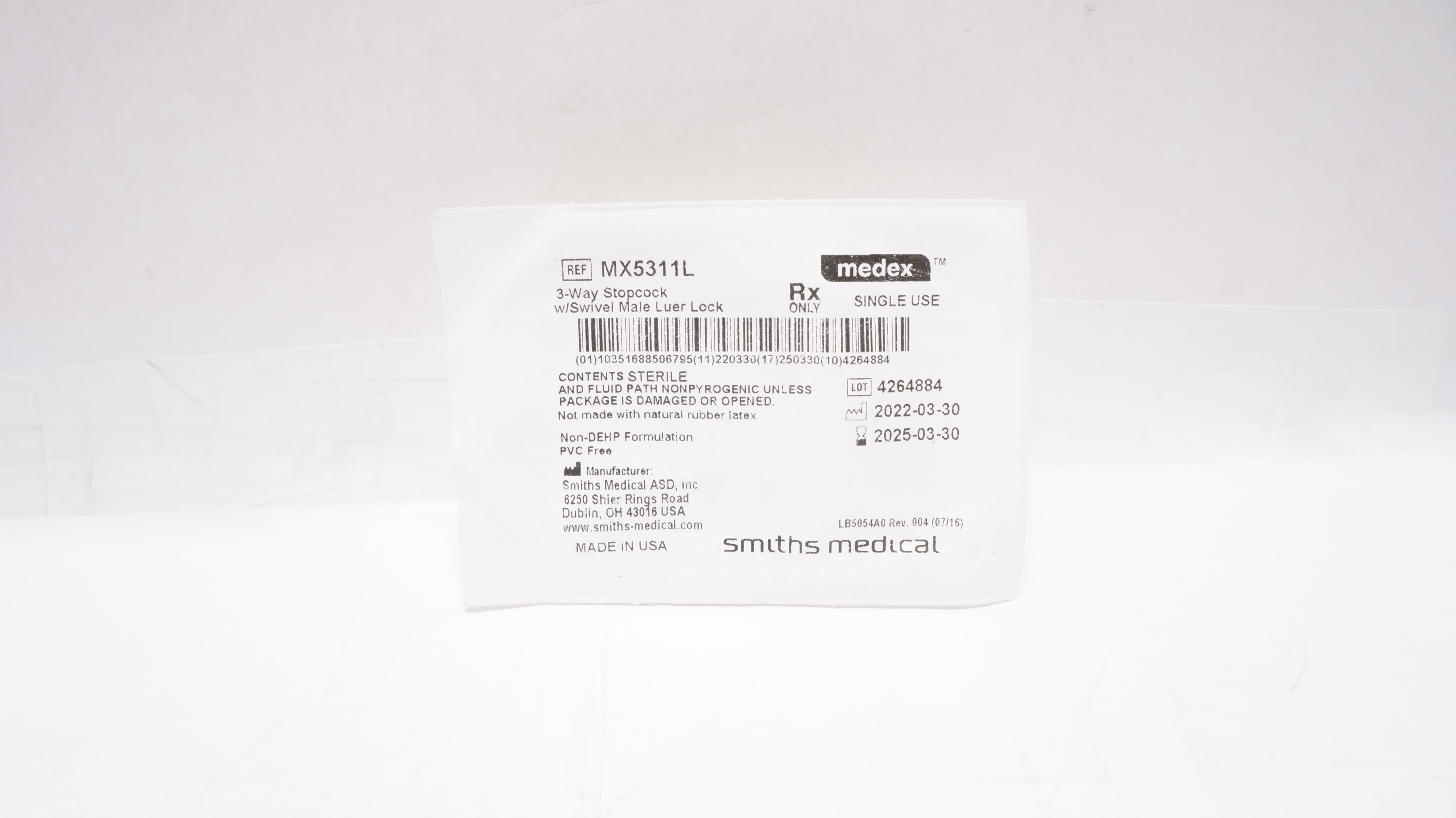 Smiths Medical MX5311L Medex 3-Way Stopcock w/Swivel Male Luer Lock