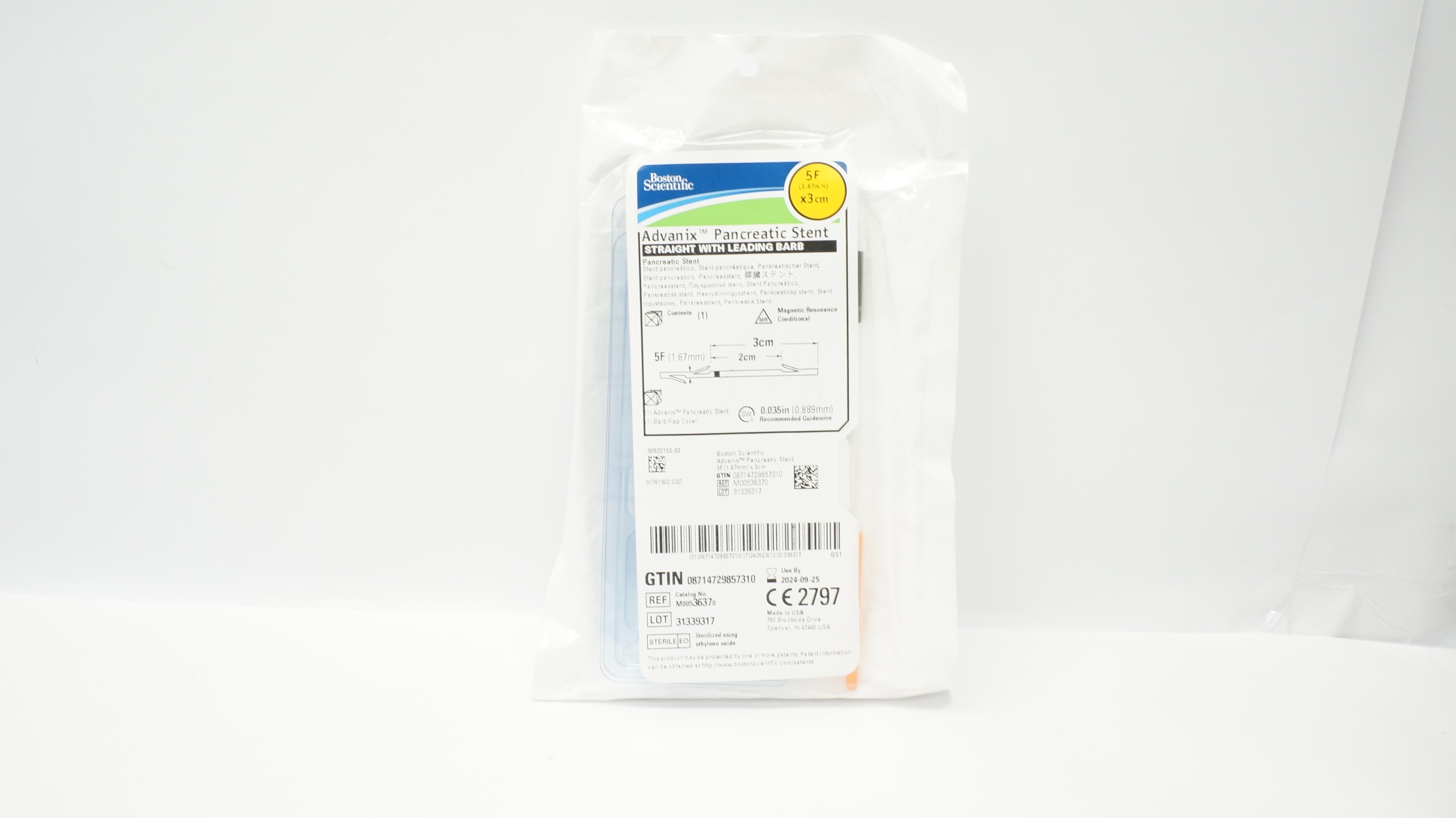 Boston Scientific 3637 Advanix Pancreatic Stent Straight w/Leading Barb 5Fx3cm(x)