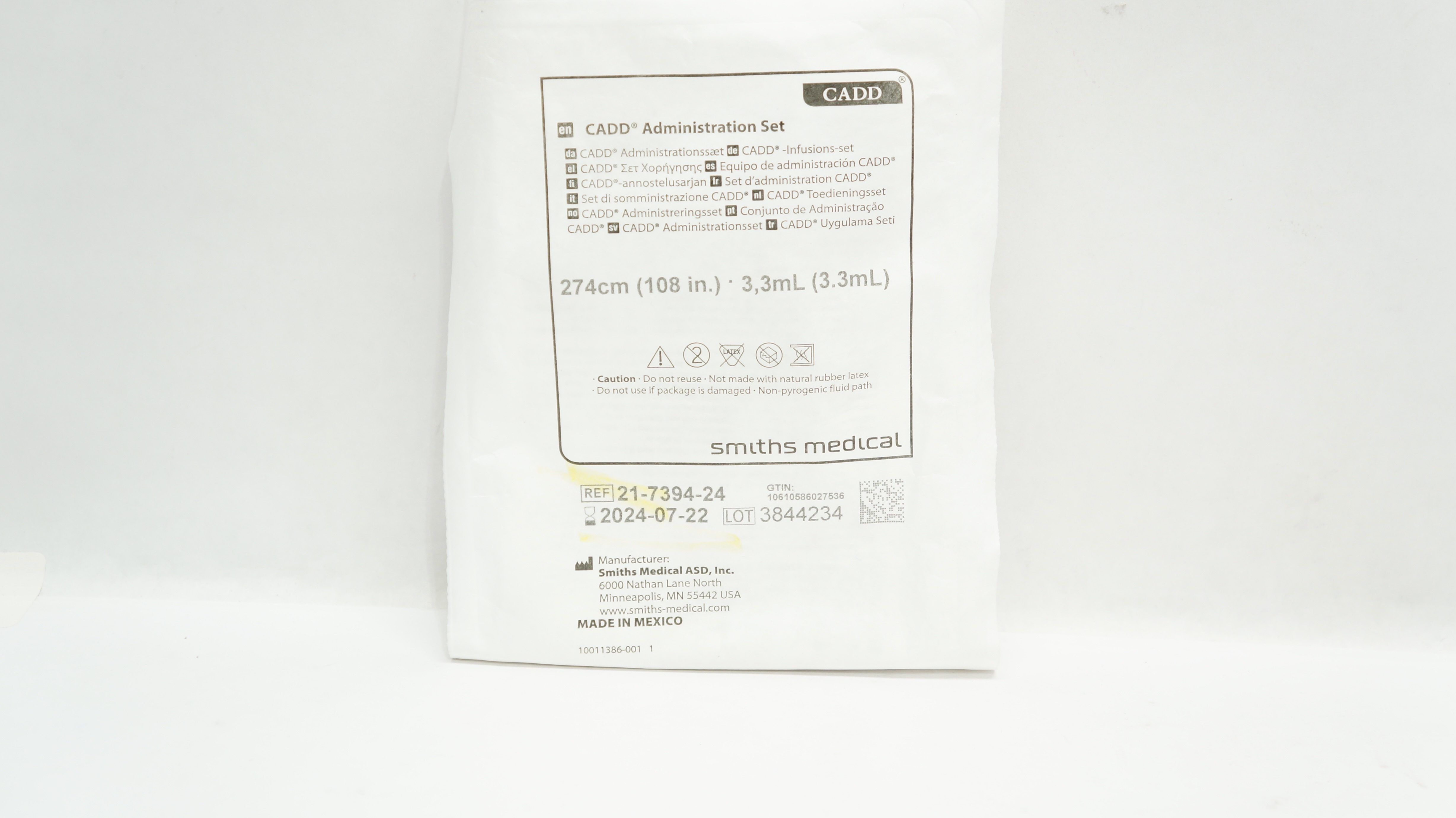 Smiths Medical 21-7394-24 CADD Administration Set 108 inch x 3.3mL