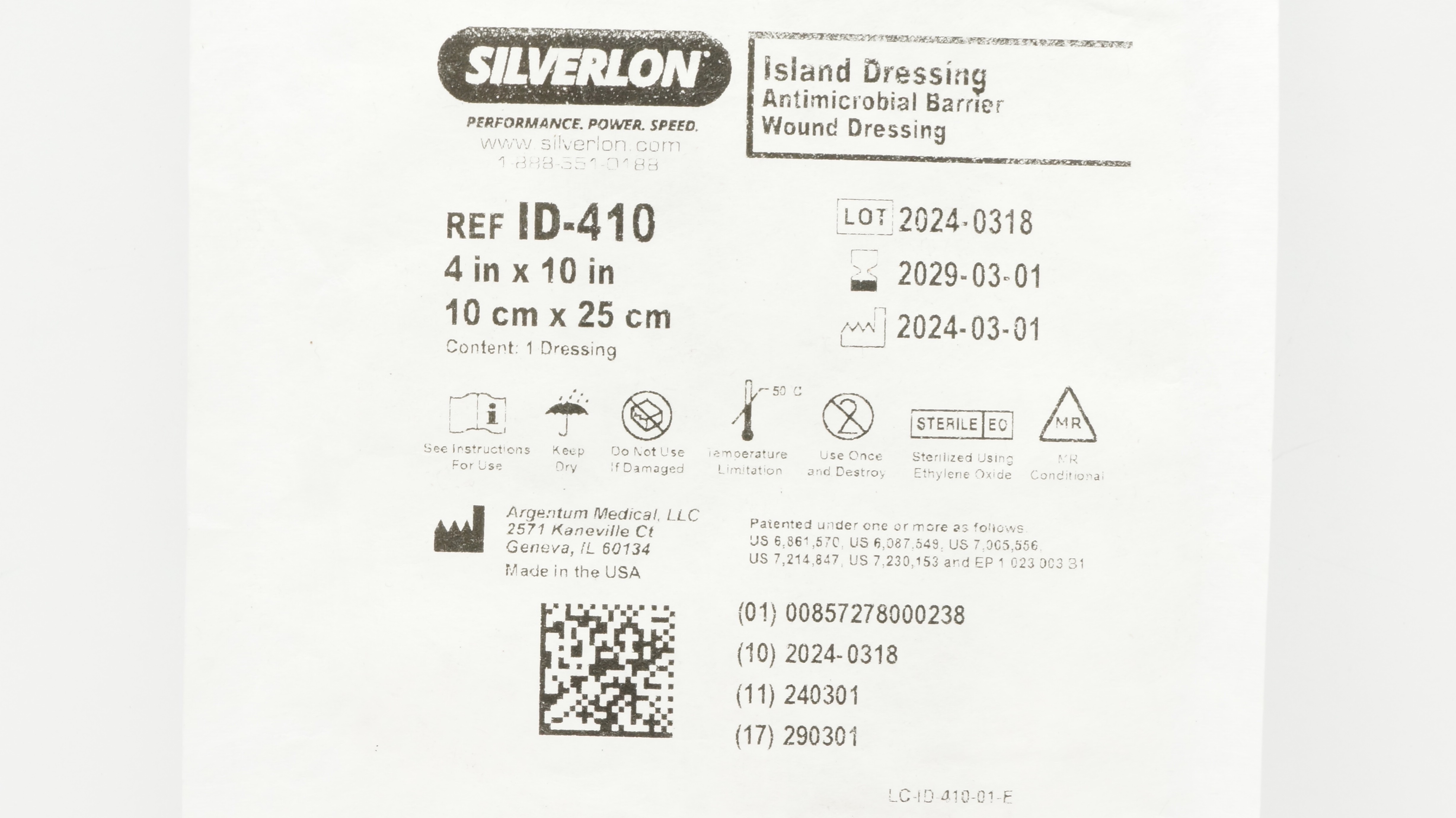 Argentum Medical ID-410 Silverlon Antimicrobial Barrier Wound Dressing 4x10inch