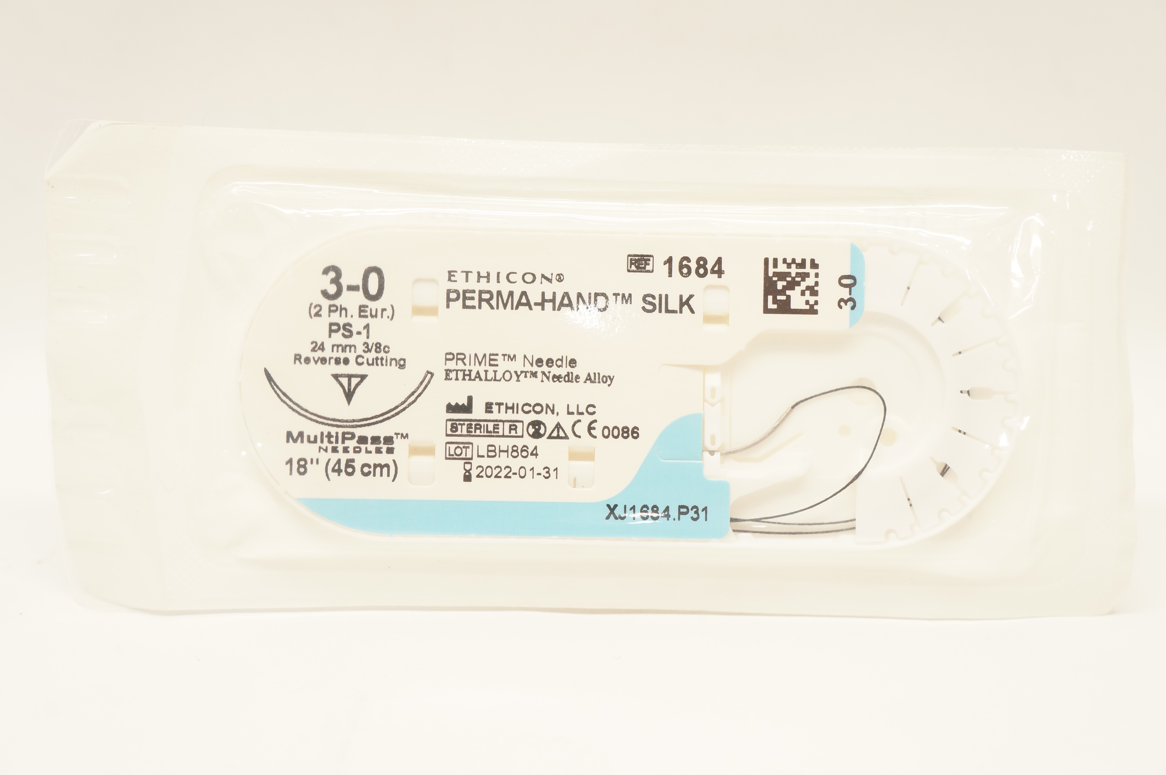Ethicon 1684 3-0 PERMA-HAND SILK, PS-1, 24mm 3/8c Reverse Cutting, 18inch (x)