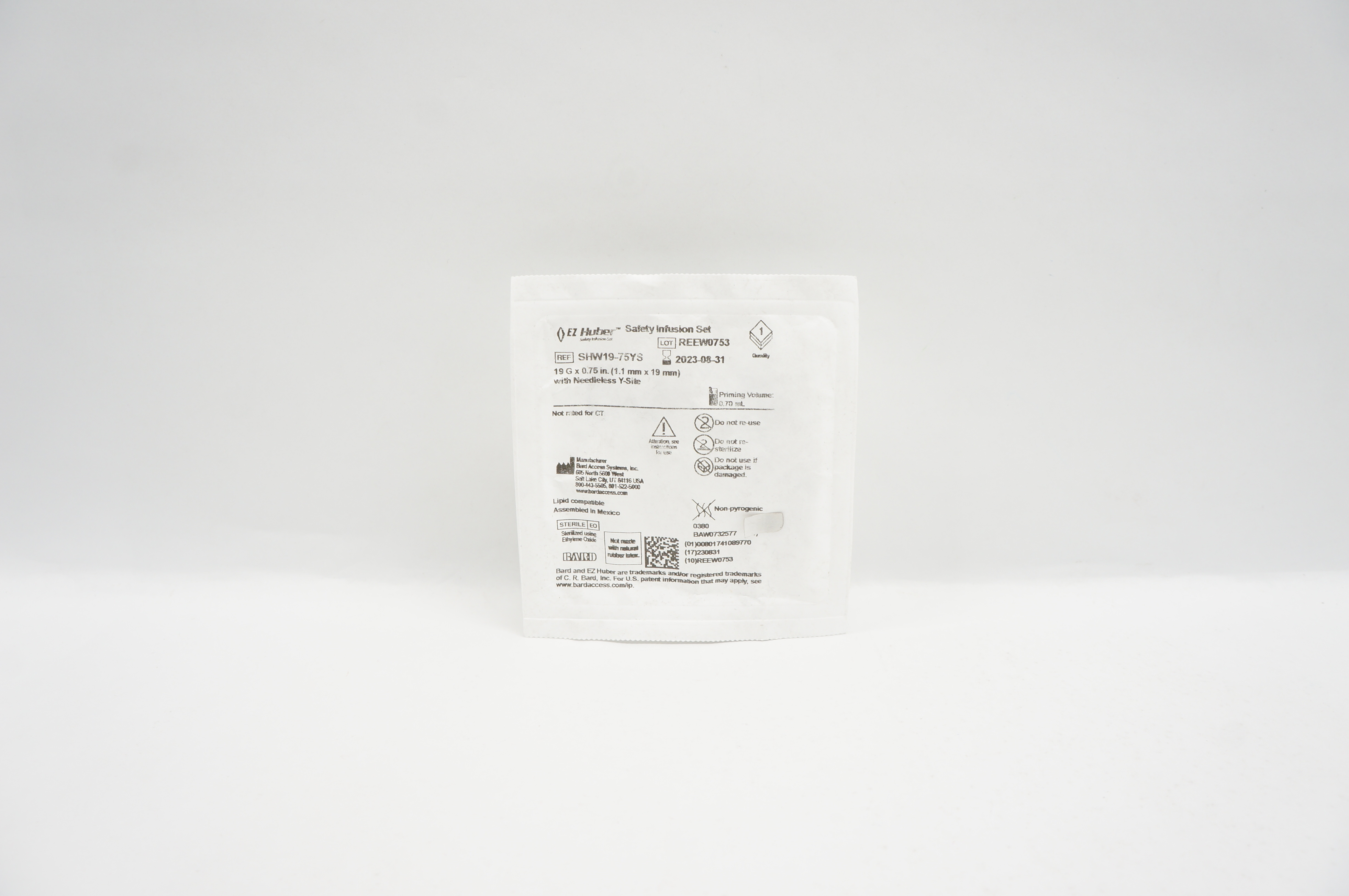 Bard SHW19-75YS EZ Huber Safety Infusion Set 19G x 0.75inch 0.70mL