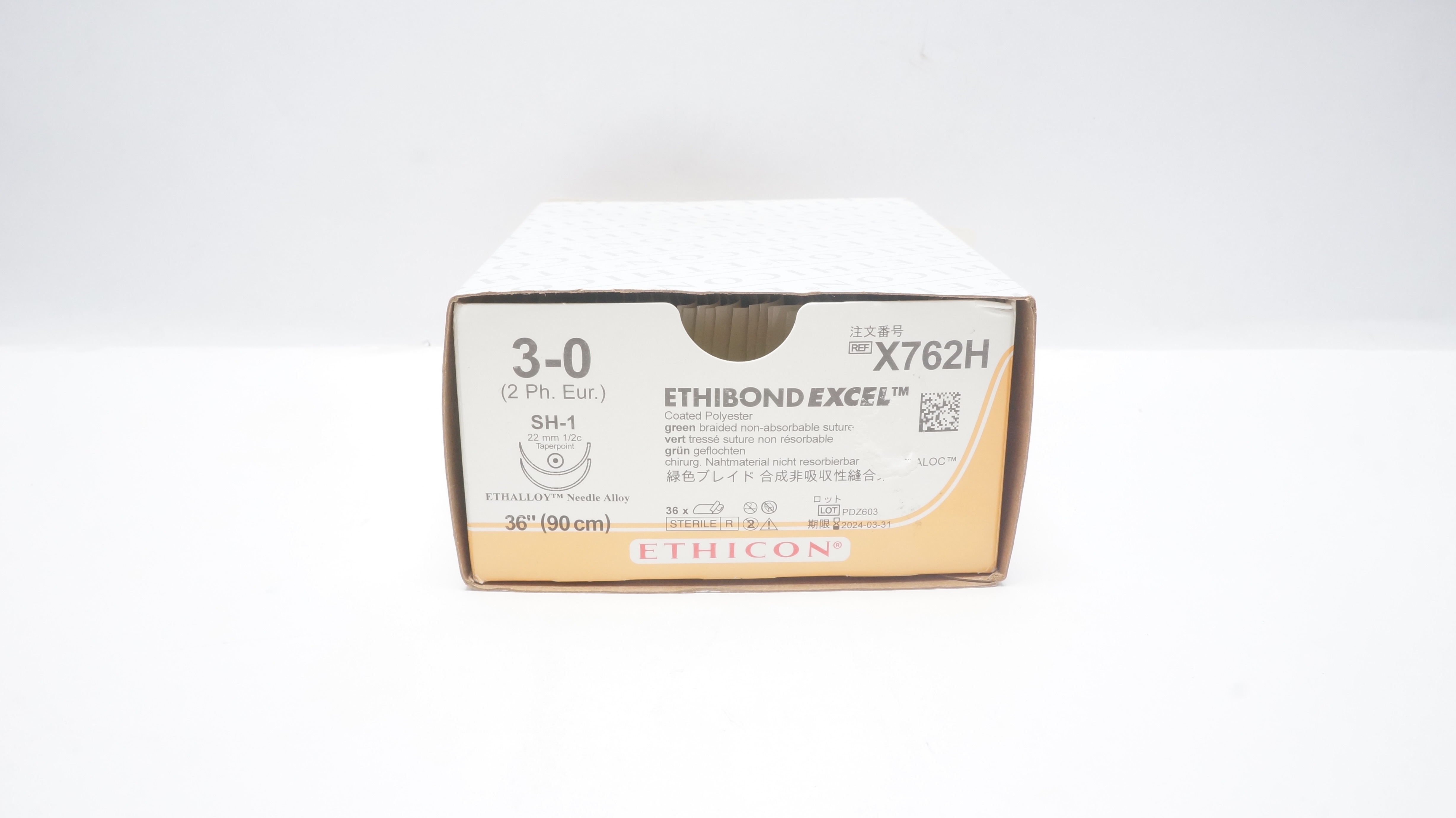 ETHICON X762H 3-0 ETHIBOND EXCEL Coated Polyester Stre 36inch, SH-1(x)-Box of 36