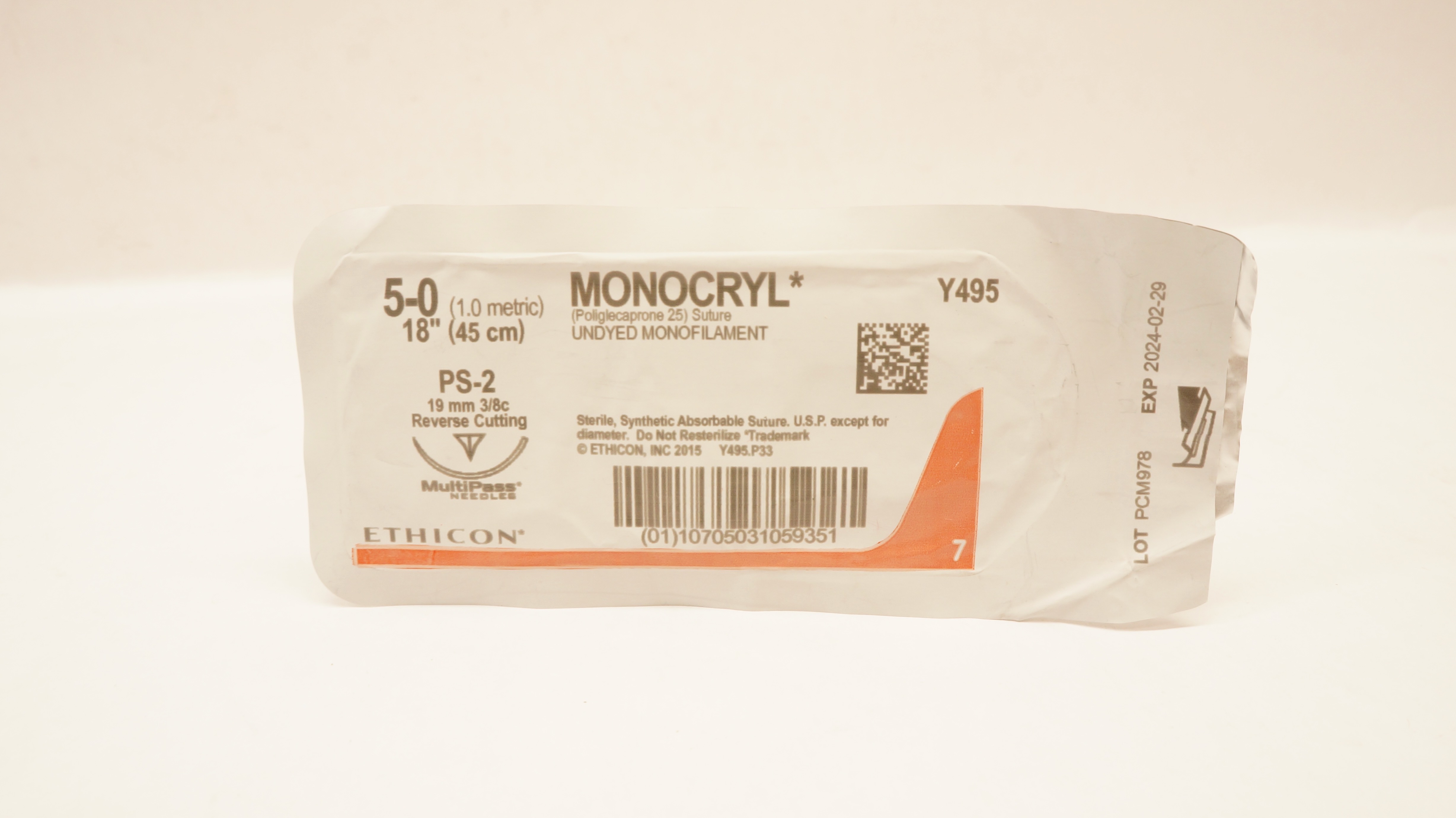 Ethicon Y495 5-0 Monocryl Stre Undyed PS-2 19mm 3/8c Reverse Cutting, 18inch