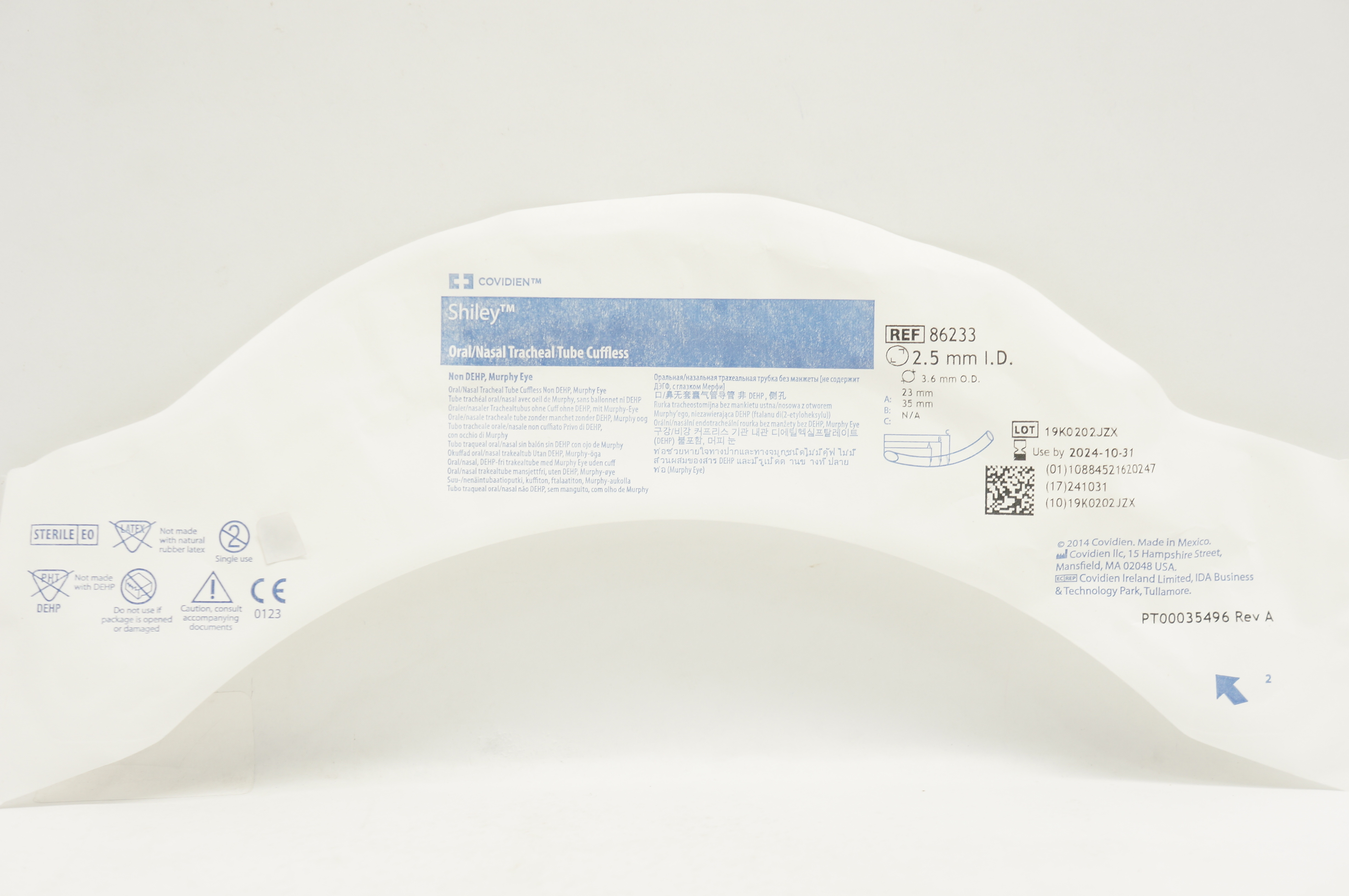 Covidien 86233 Shiley Oral/Nasal Tracheal Tube Cuffless 2.5mm I.D. x 3.6mm O.D.