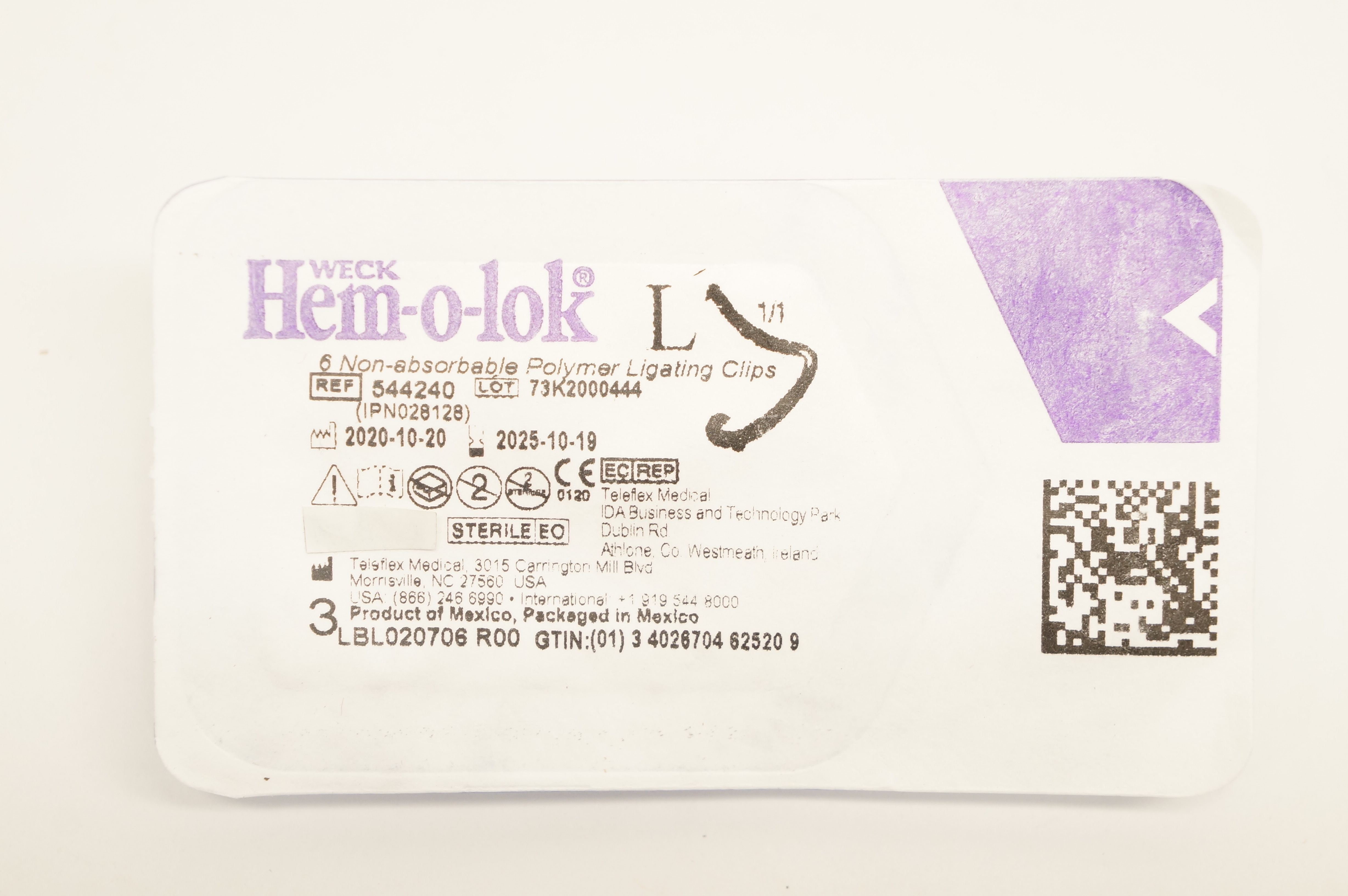 Teleflex 544240 Weck Hem-o-lok 6 Non-Absorbable Polymer Ligating Clips, Large