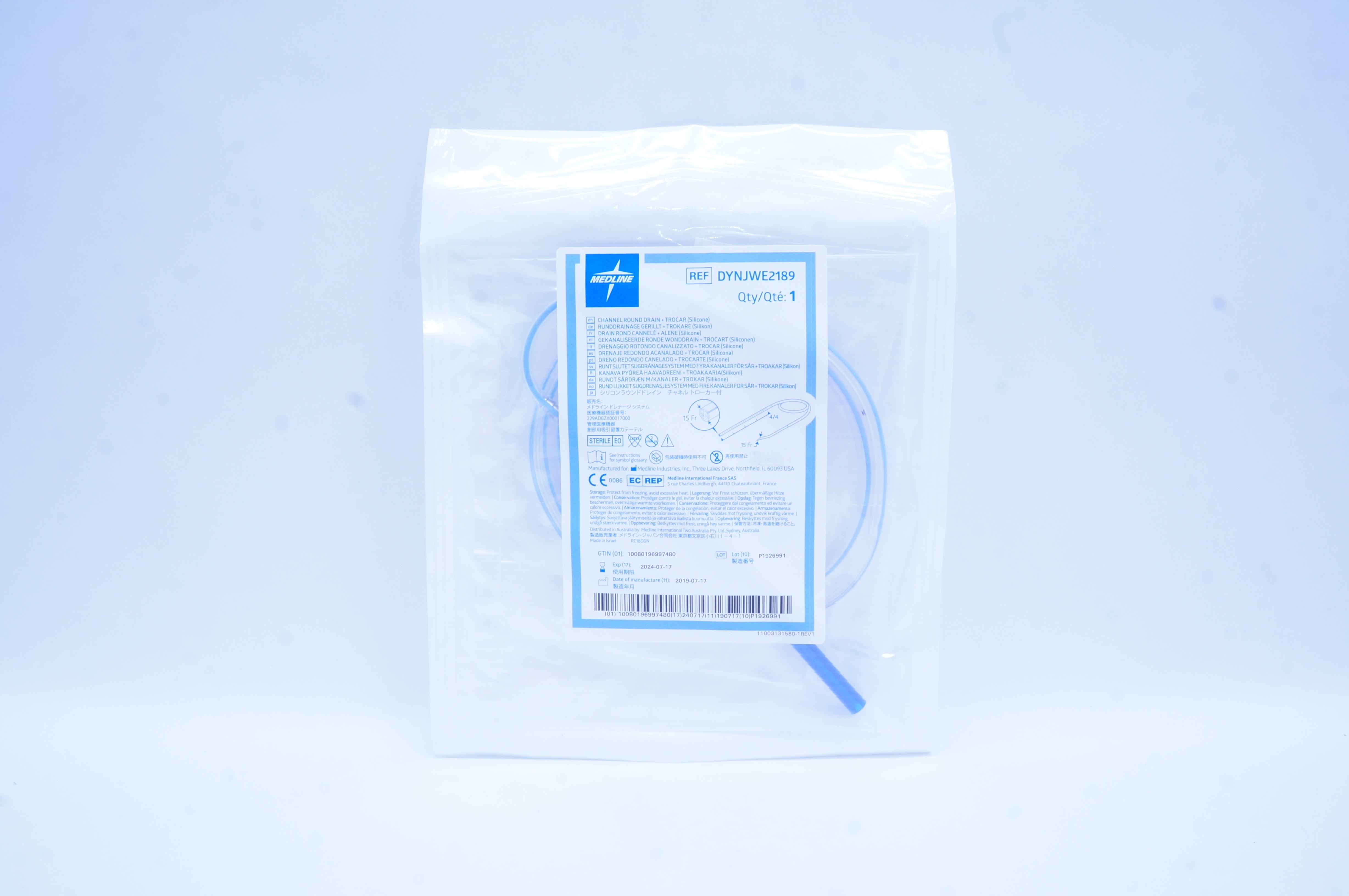 Medline DYNJWE2189 Channel Round Drain Trocar Silicone 15 Fr