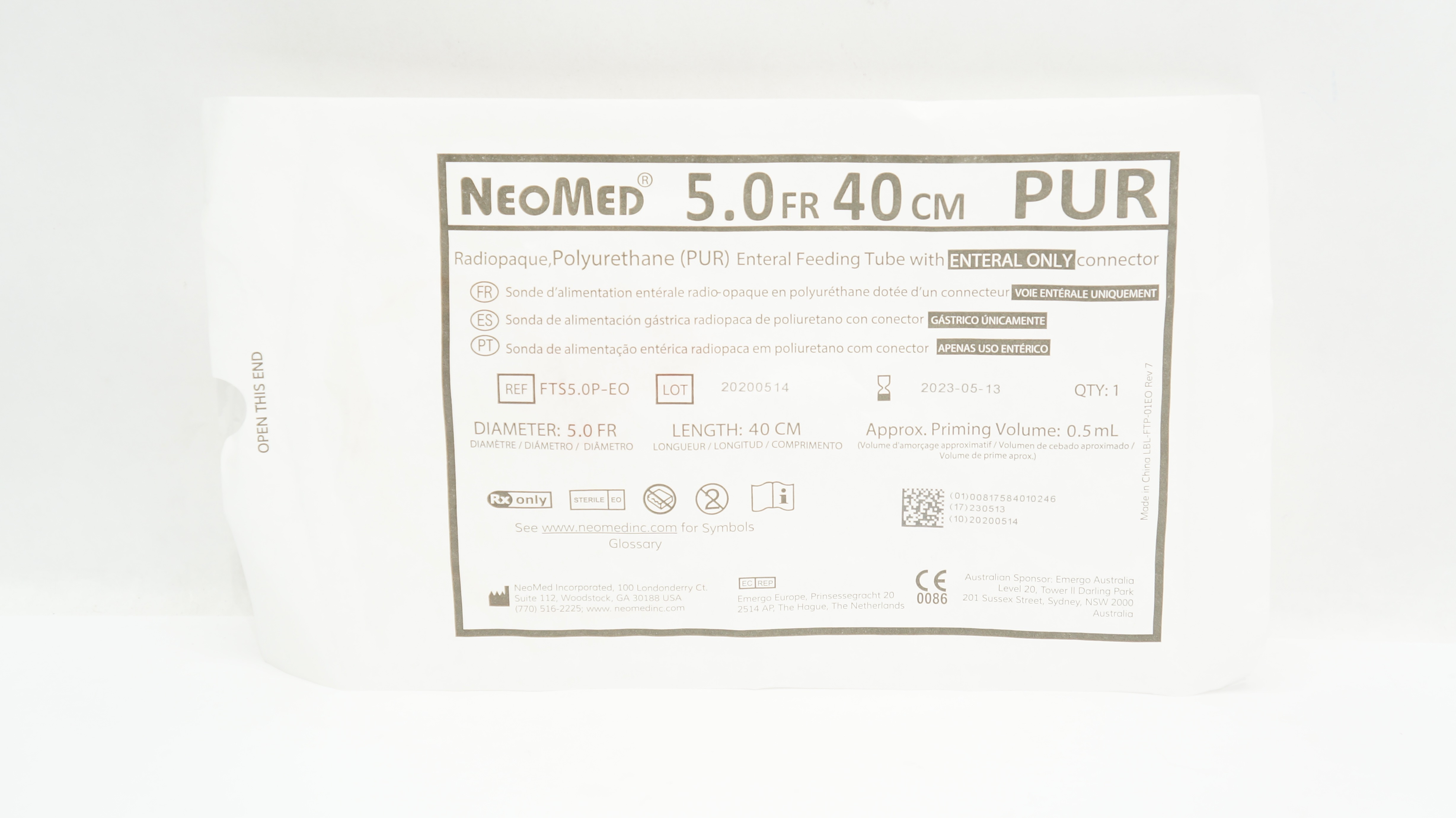 NeoMed FTS5.0PEO Polyurethane Enteral Feeding Tube 5 FR x 40cm (x)
