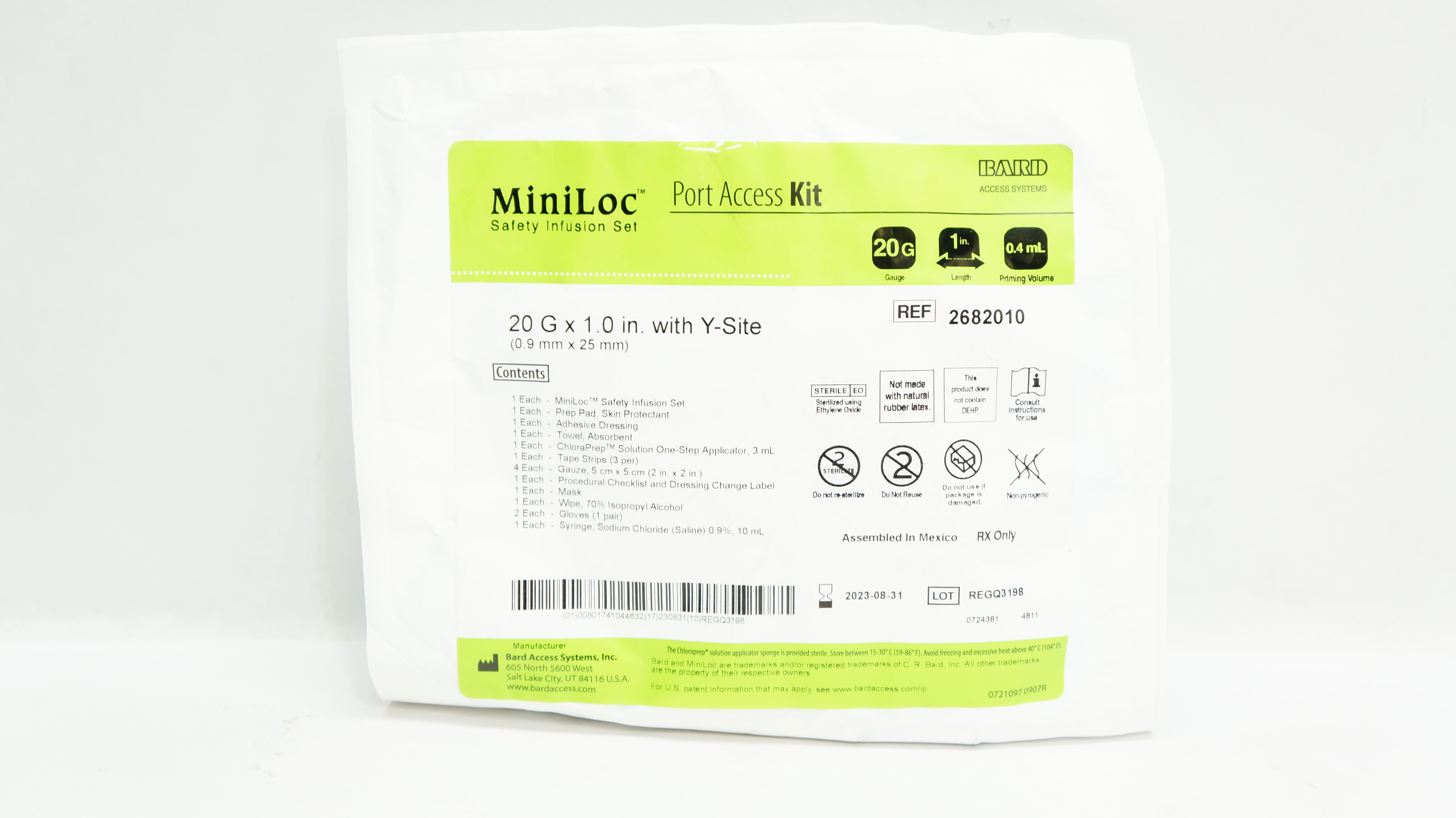 Bard 2682010 MiniLoc Port Access Kit 20G x 1.0inch Prim.Vol. 0.4mL with Y-Site