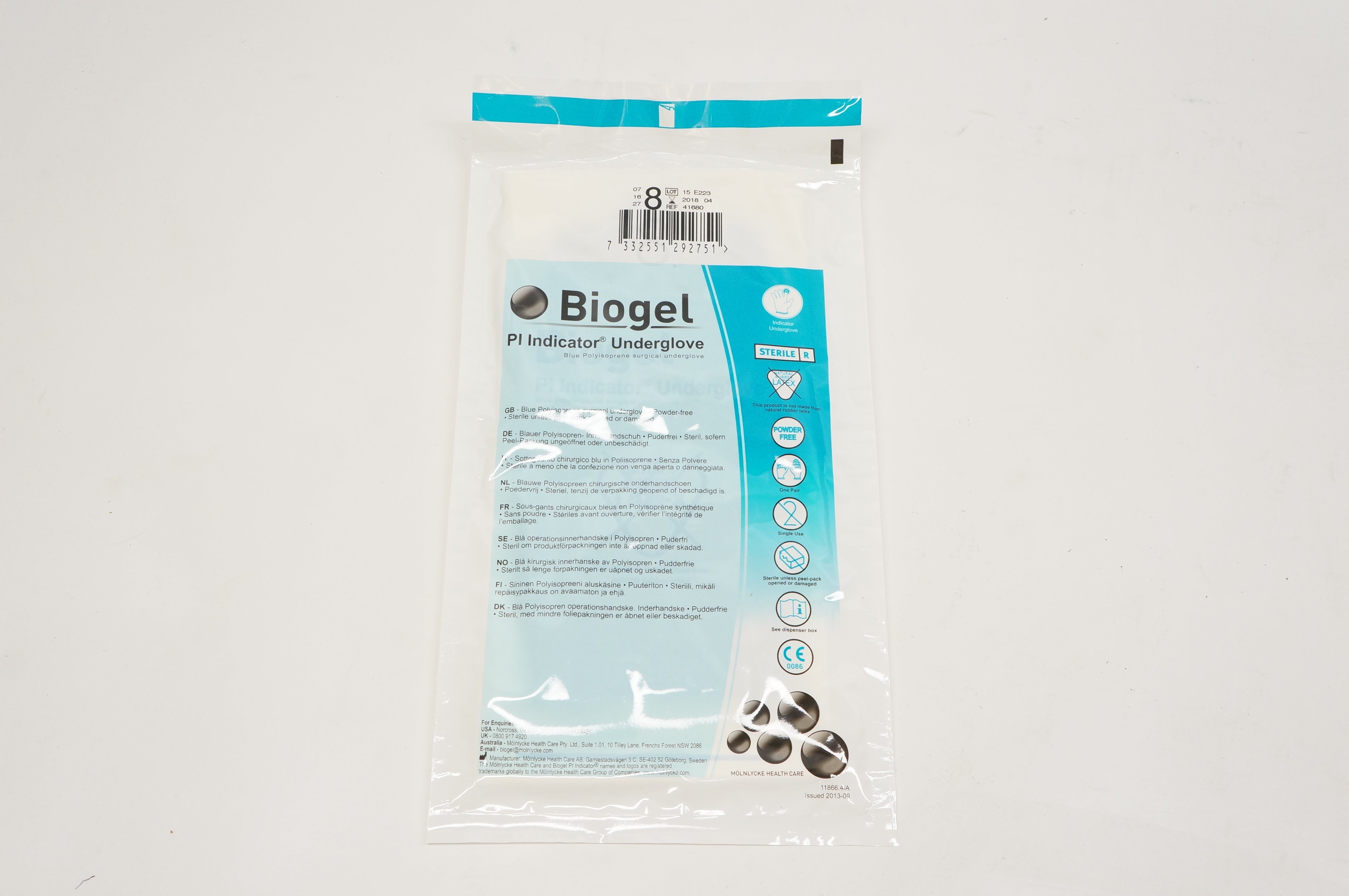 Molnlycke Health Care 41680 Biogel Pl Indicator Underglove, 8 (x)