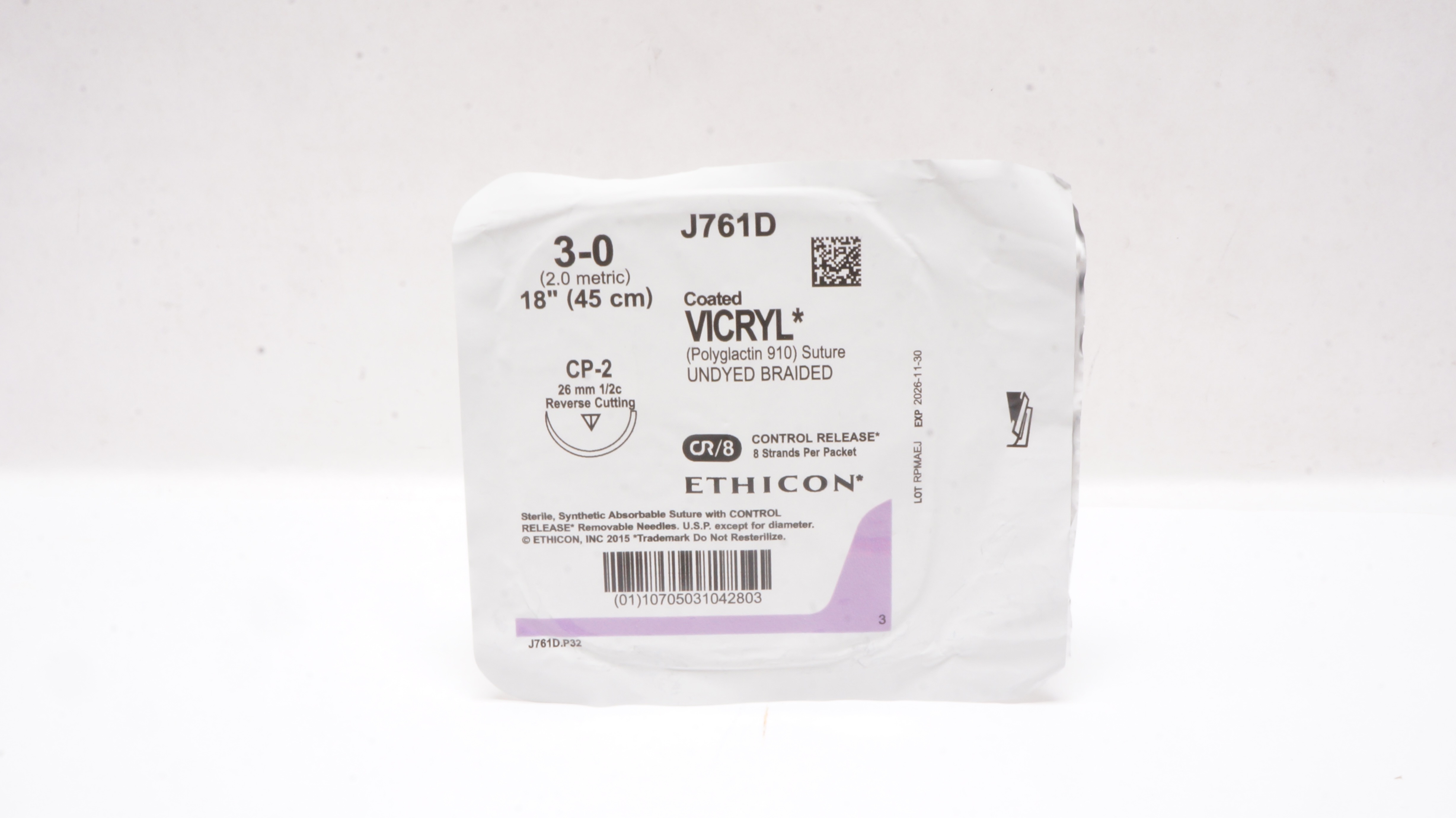 Ethicon J761D 3-0 Coated VICRYL Stre CP-2 26mm 1/2c Reverse Cutting 18inch