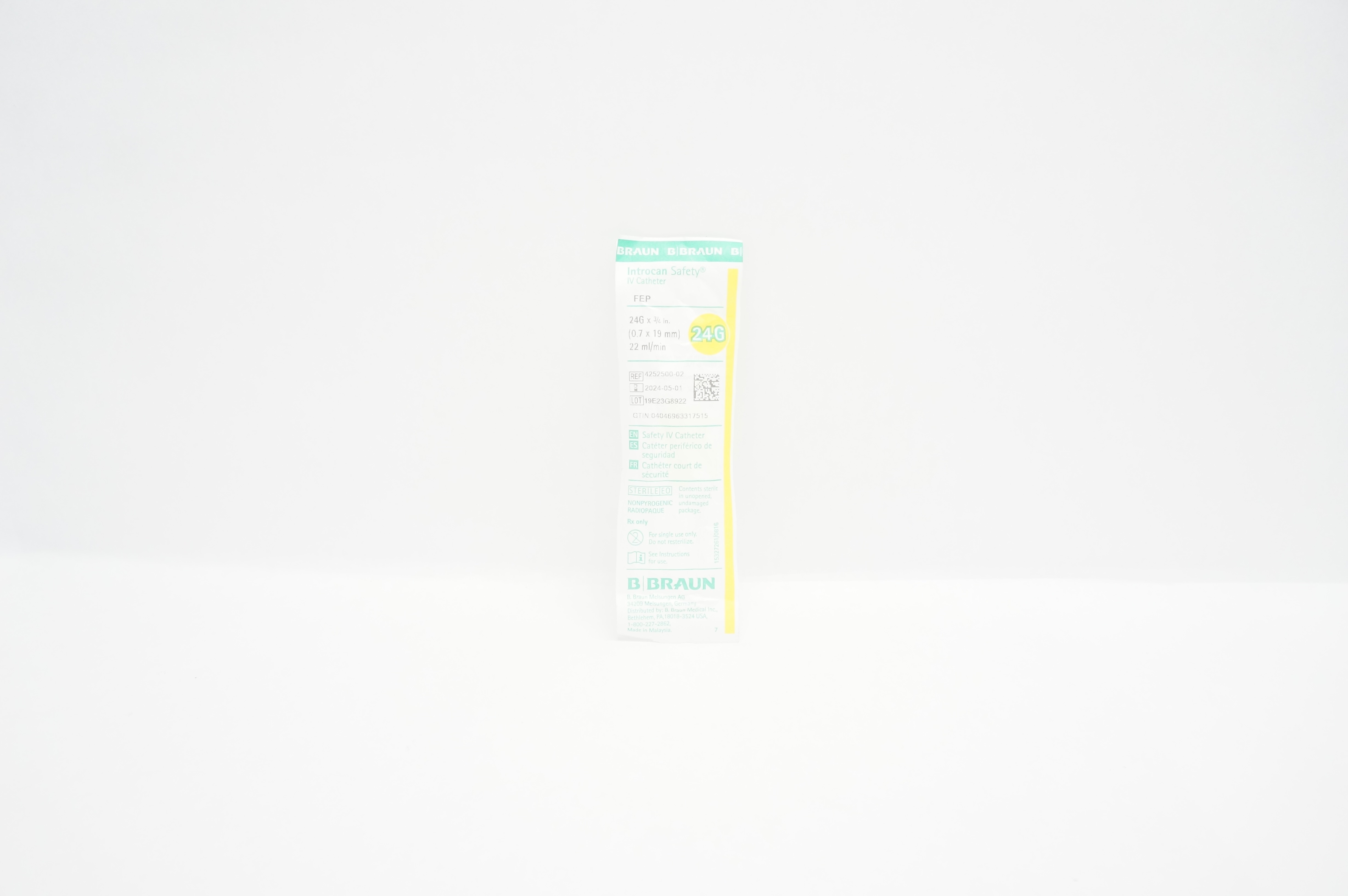 Braun 4252500-02 Introcan Safety IV Cath. 24G x 3/4 inch x 22 mL/min