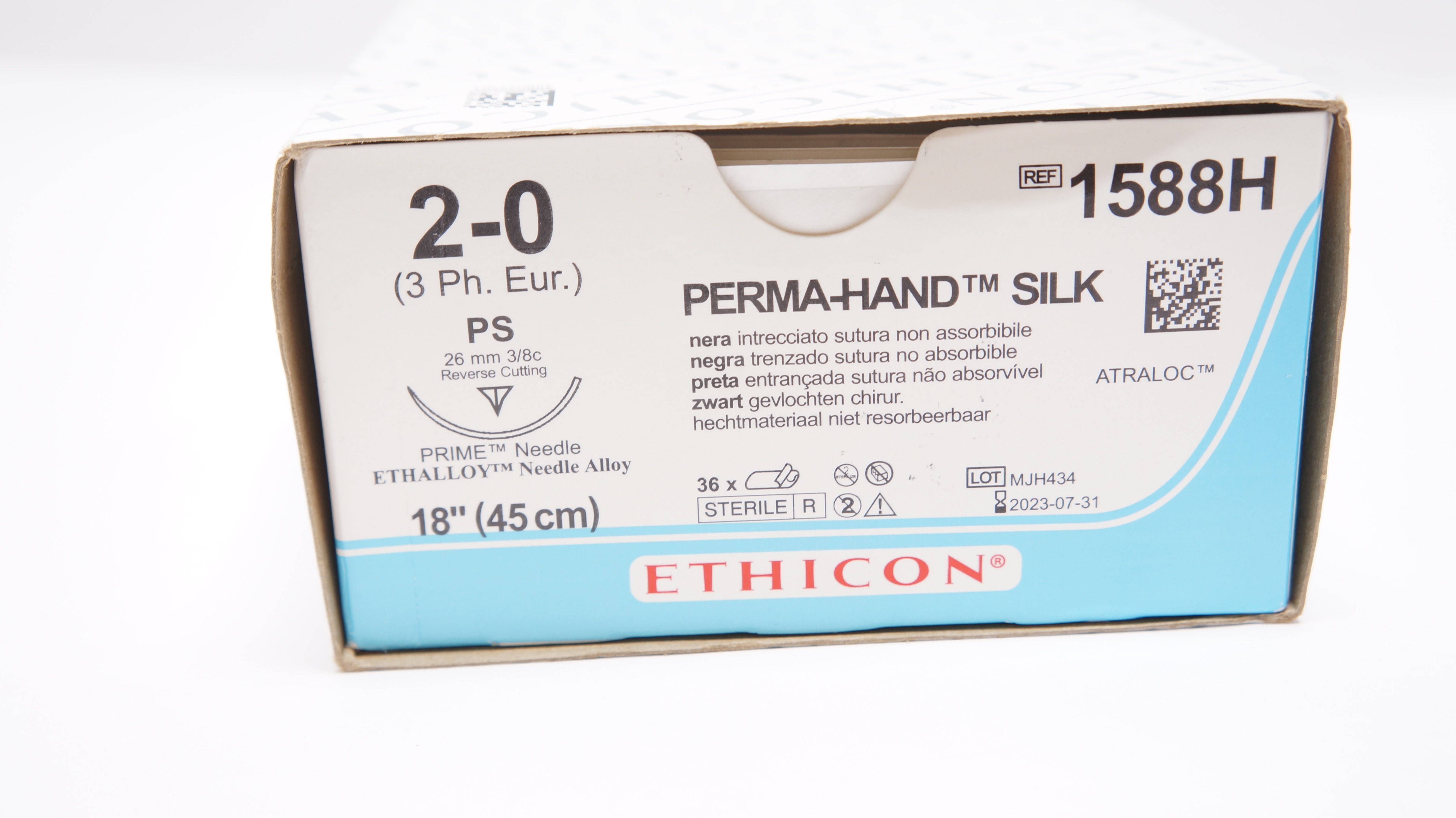 Ethicon 1588H 2-0 PERMA-HAND SILK PS 26mm 3/8c Reverse Cutting,18in(x)-Box of 36