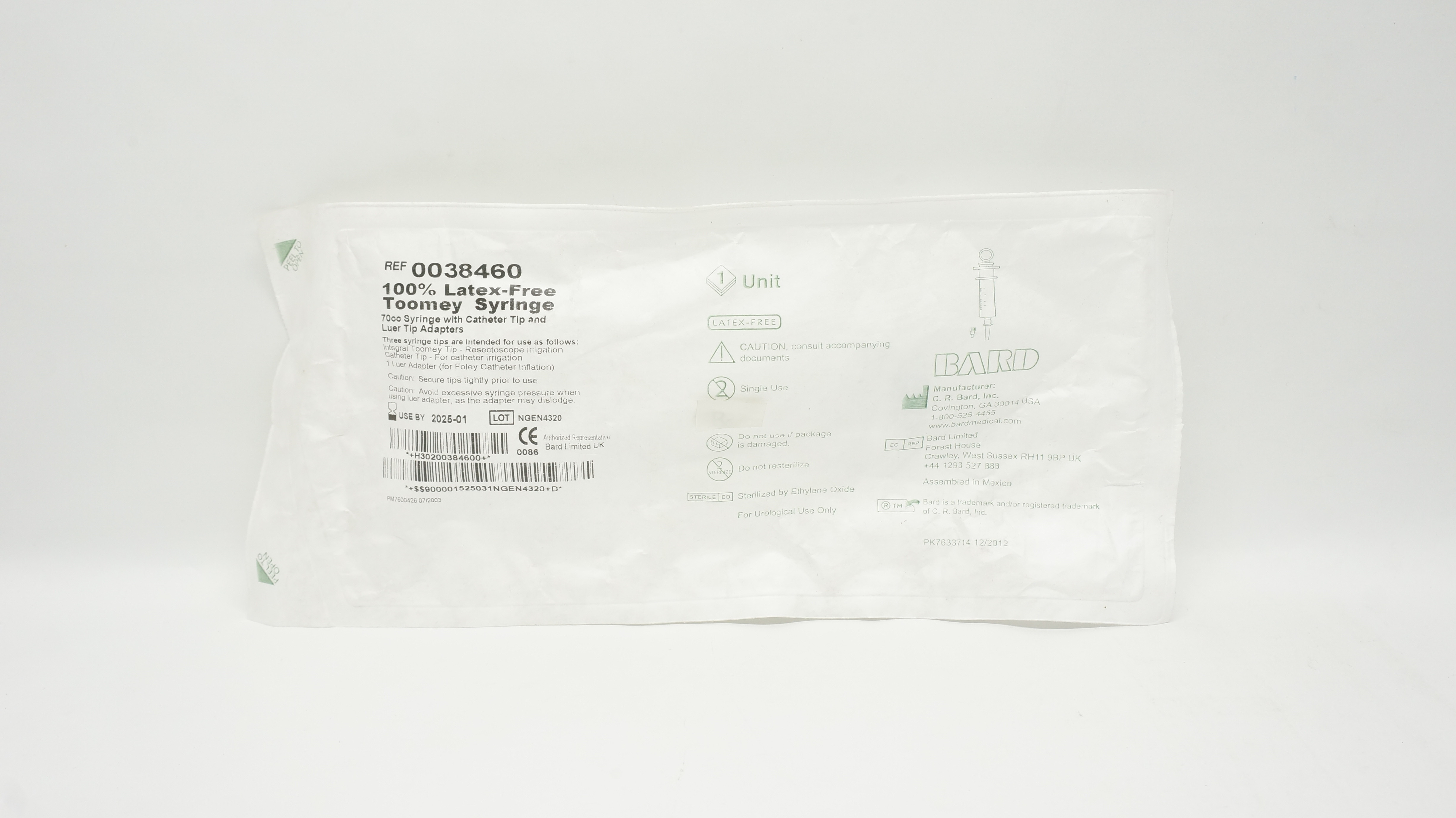 Bard 0038460 Toomey Syringe 70cc With Cath. Tip & Luer Tip Adapters
