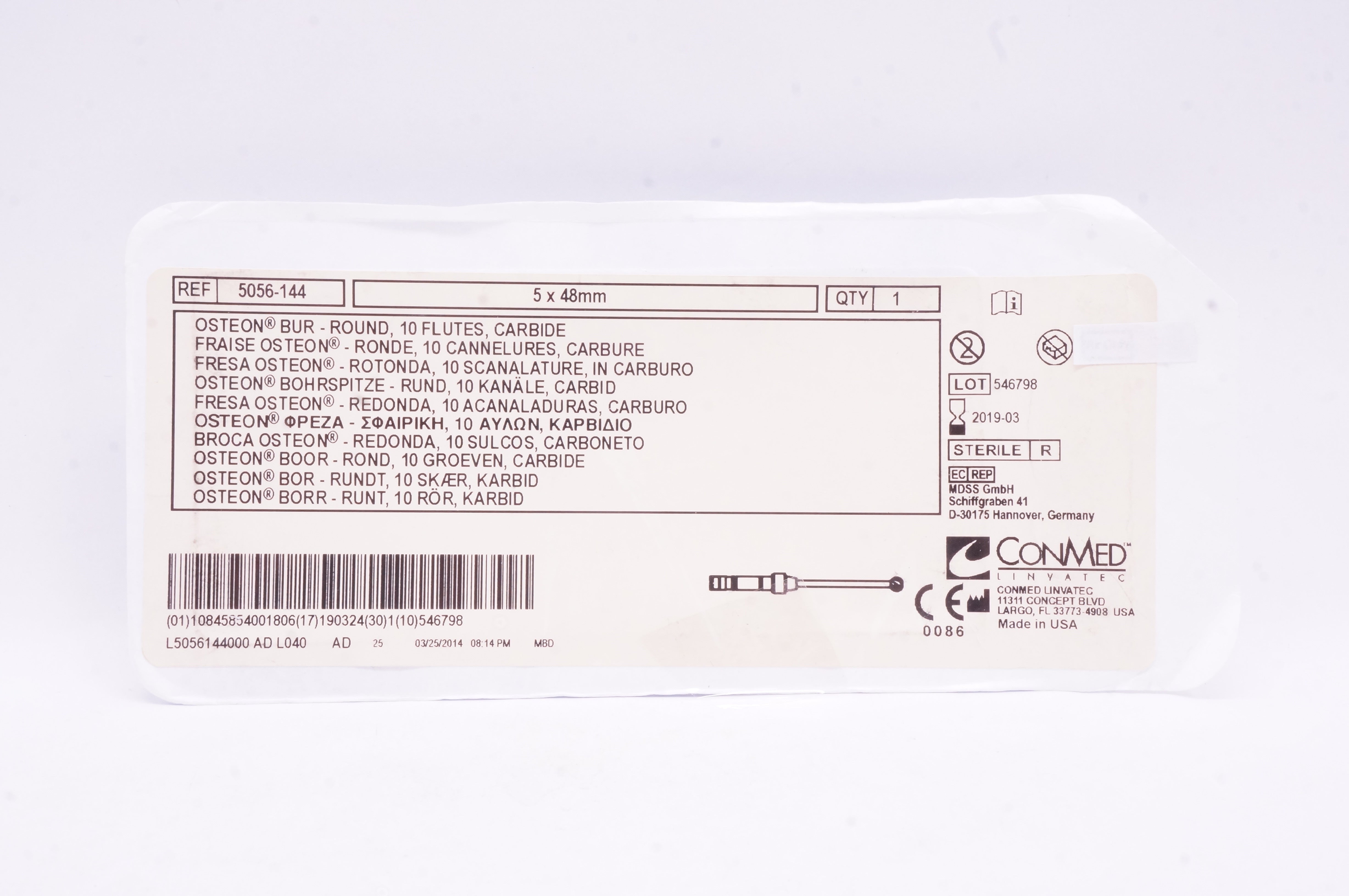Conmed 5056-144 Osteon Bur - Round 10Flutes Carbide 5mm x 48mm (x)