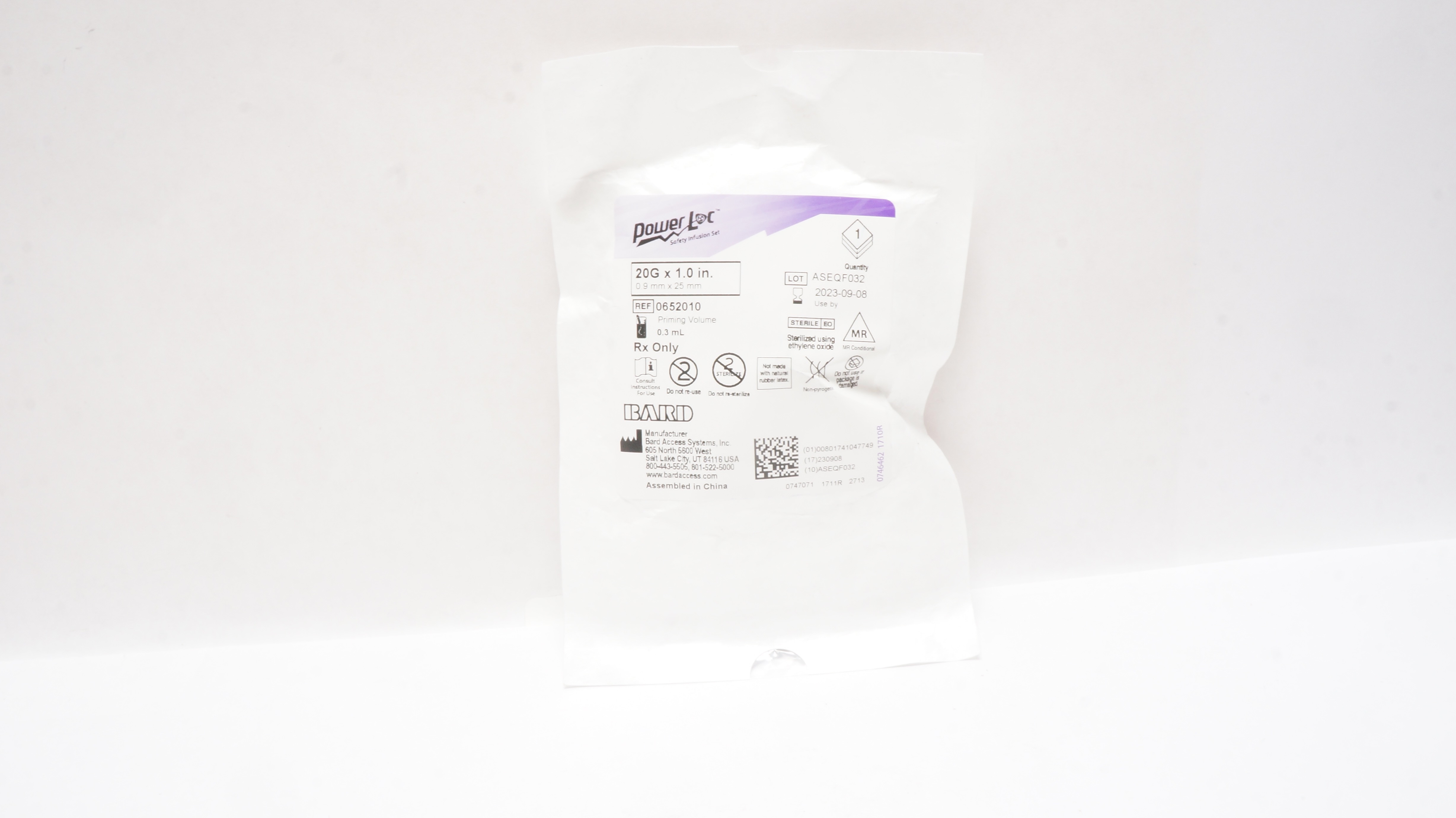 Bard 0652010 Power Loc Safety Infusion Set 20G x 1.0 inch, Priming Volume 0.3mL