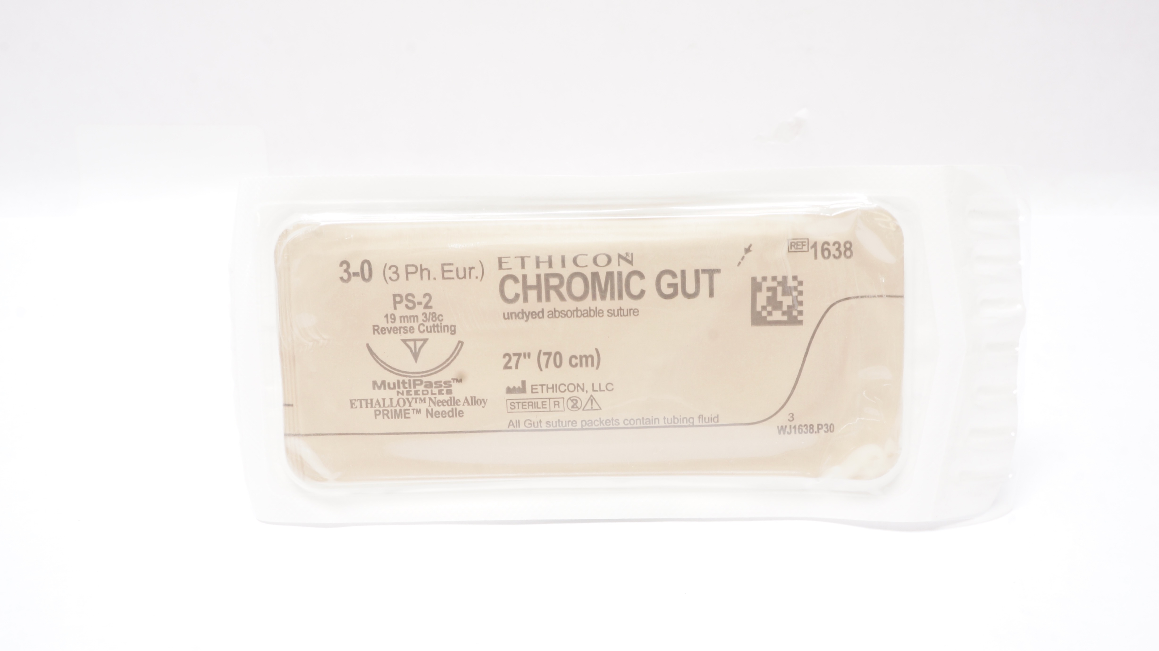 Ethicon 1638 3-0 Chromic Gut Undyed Stre PS-2 19mm 3/8c Reverse Cutting 27inch