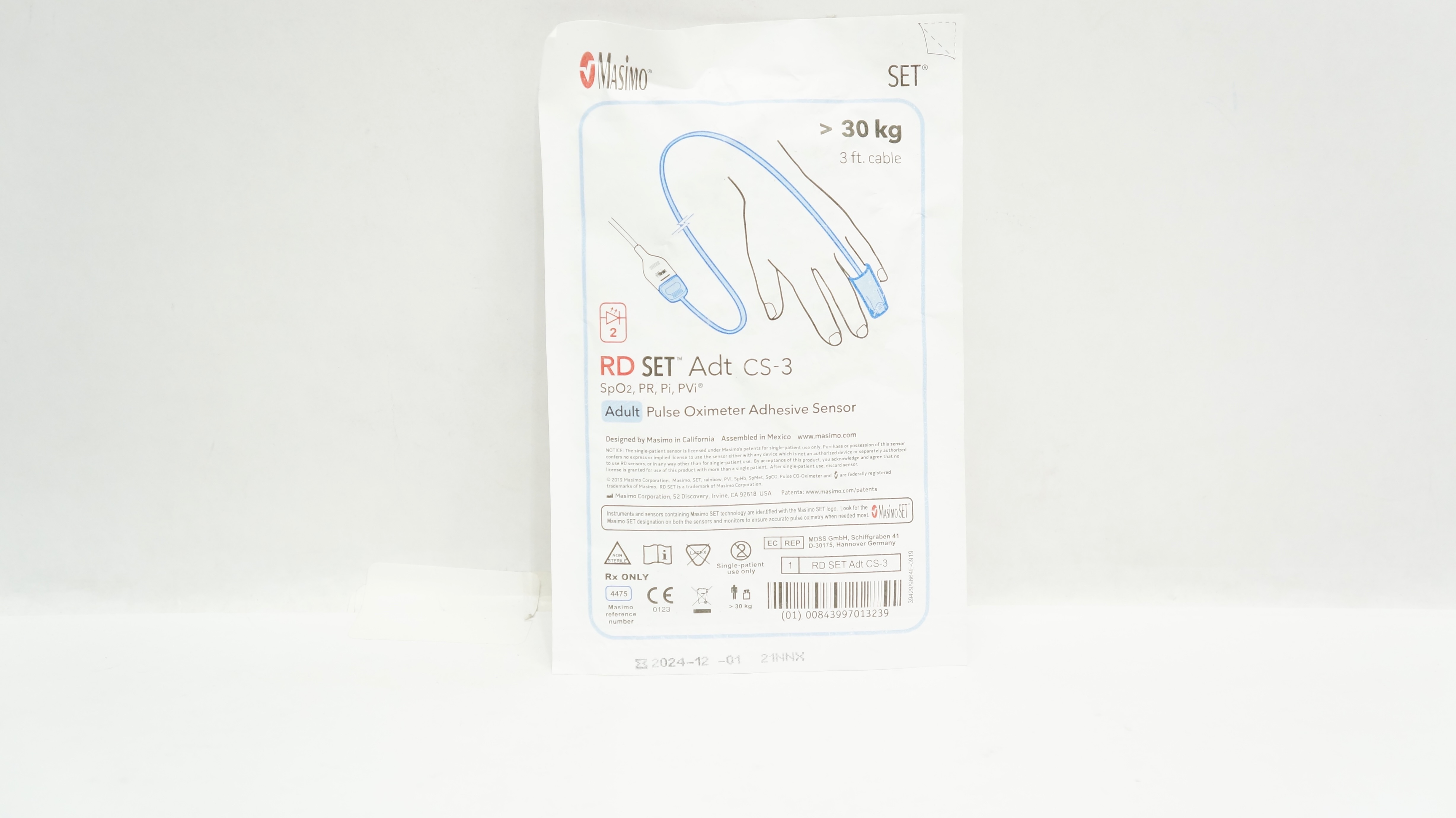 Masimo 4475 RD Set Adt CS-3 Adult Pulse Oximeter Adhesive Sensor >30 kg