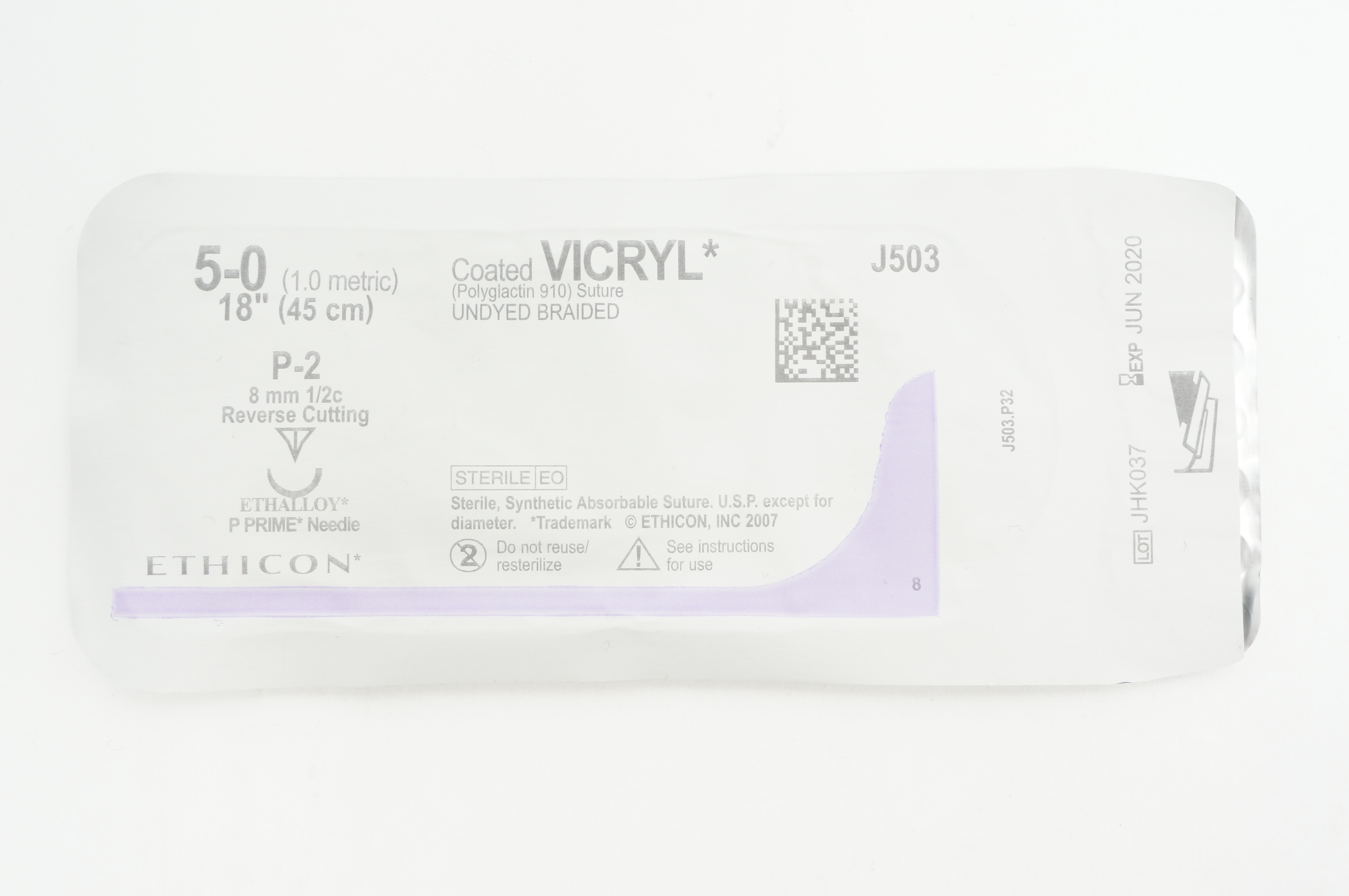 Ethicon J503 5-0 VICRYL P-2 8mm 1/2c Reverse Cutting, 18inch (x)