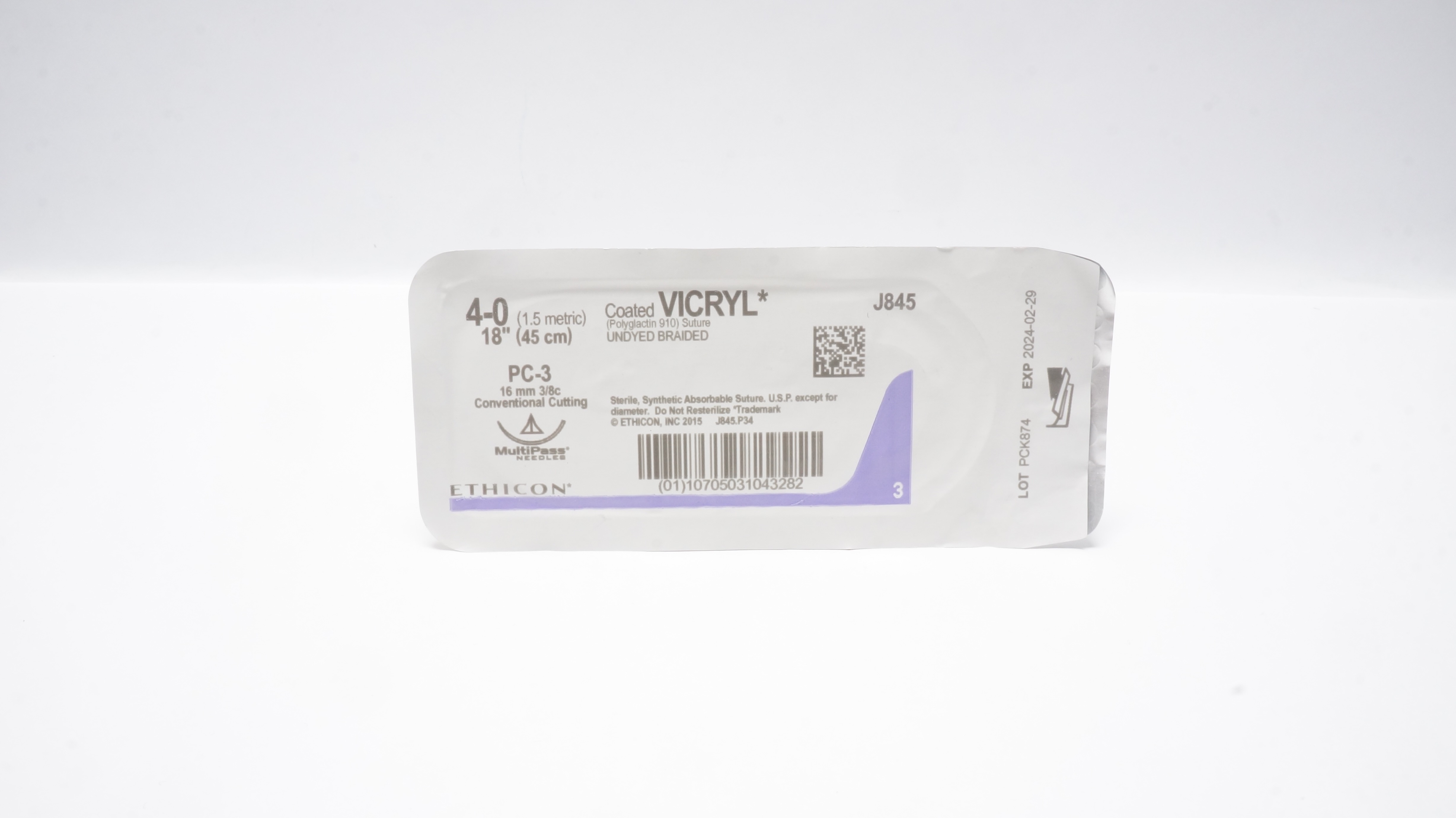 Ethicon J845 4-0 VICRYL Stre PC-3 16mm 3/8c Conventional Cutting 18 inch (x)
