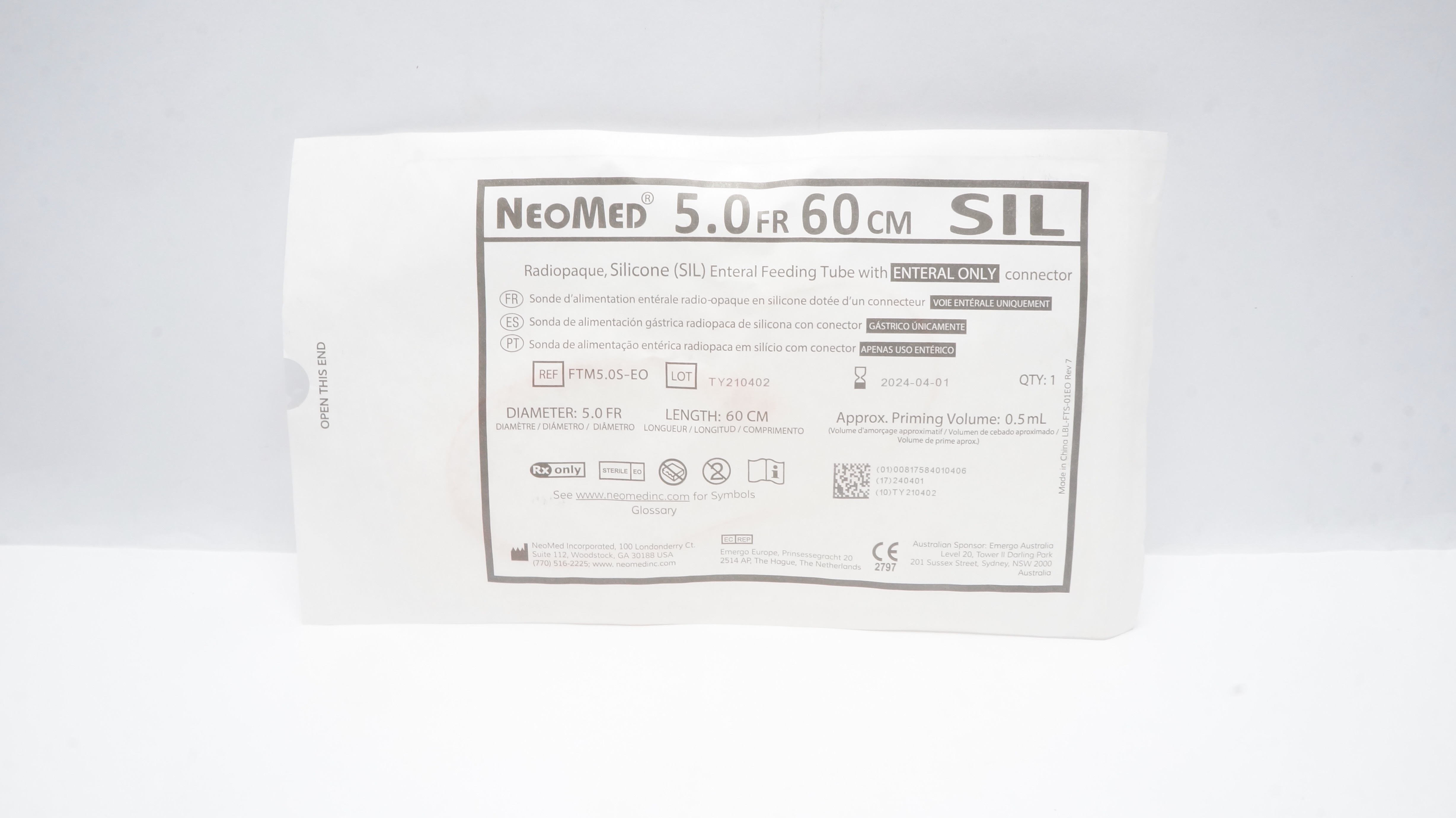 NeoMed FTM5.0S-EO Radiopaque Enteral Feeding Tube 5.0Fr. x 60cm x 0.5mL (x)