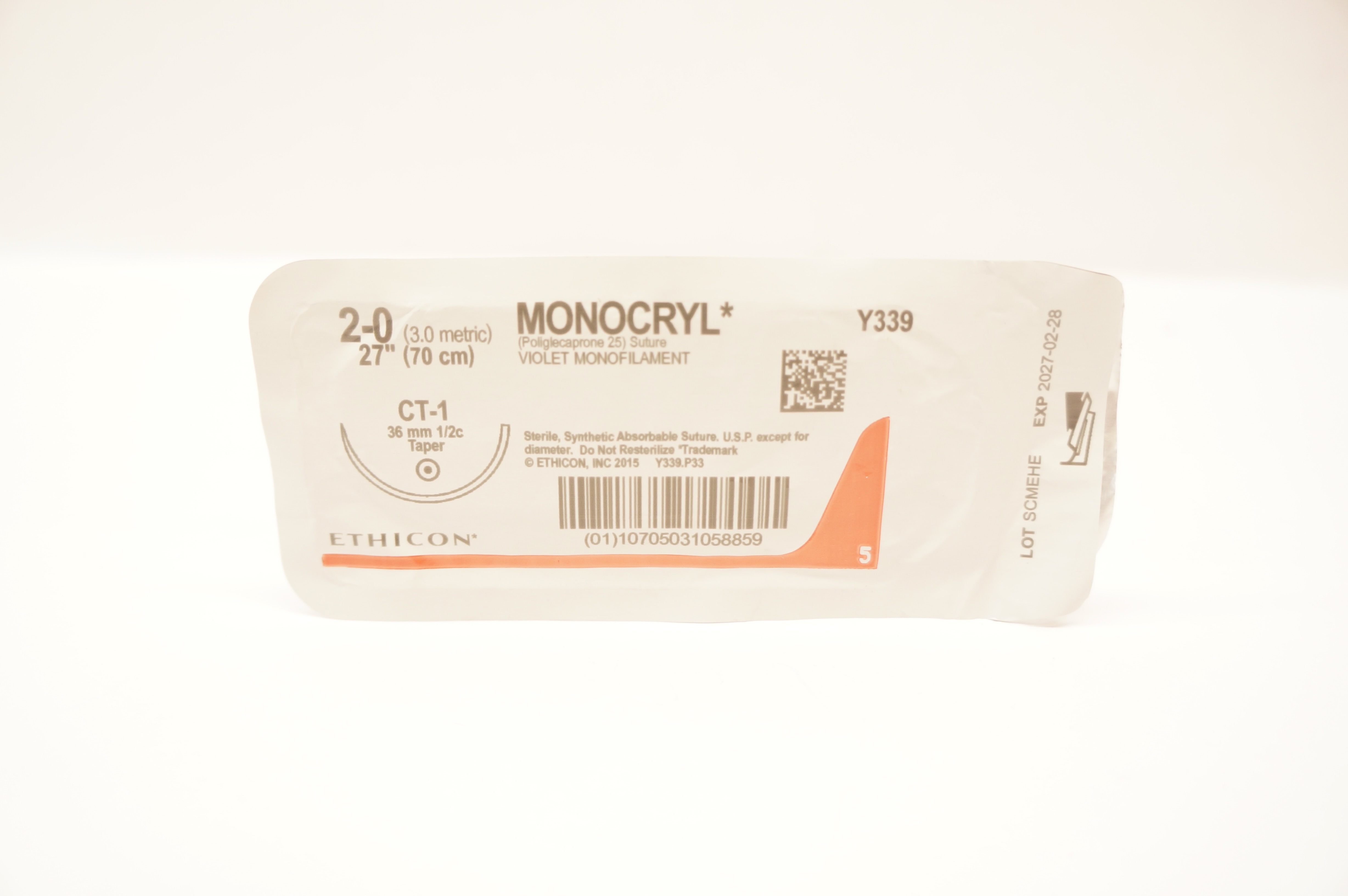 Ethicon Y339 2-0 Monocryl Poliglecaprone 25 Stre CT-1 36mm 1/2c Taper, 27 inch