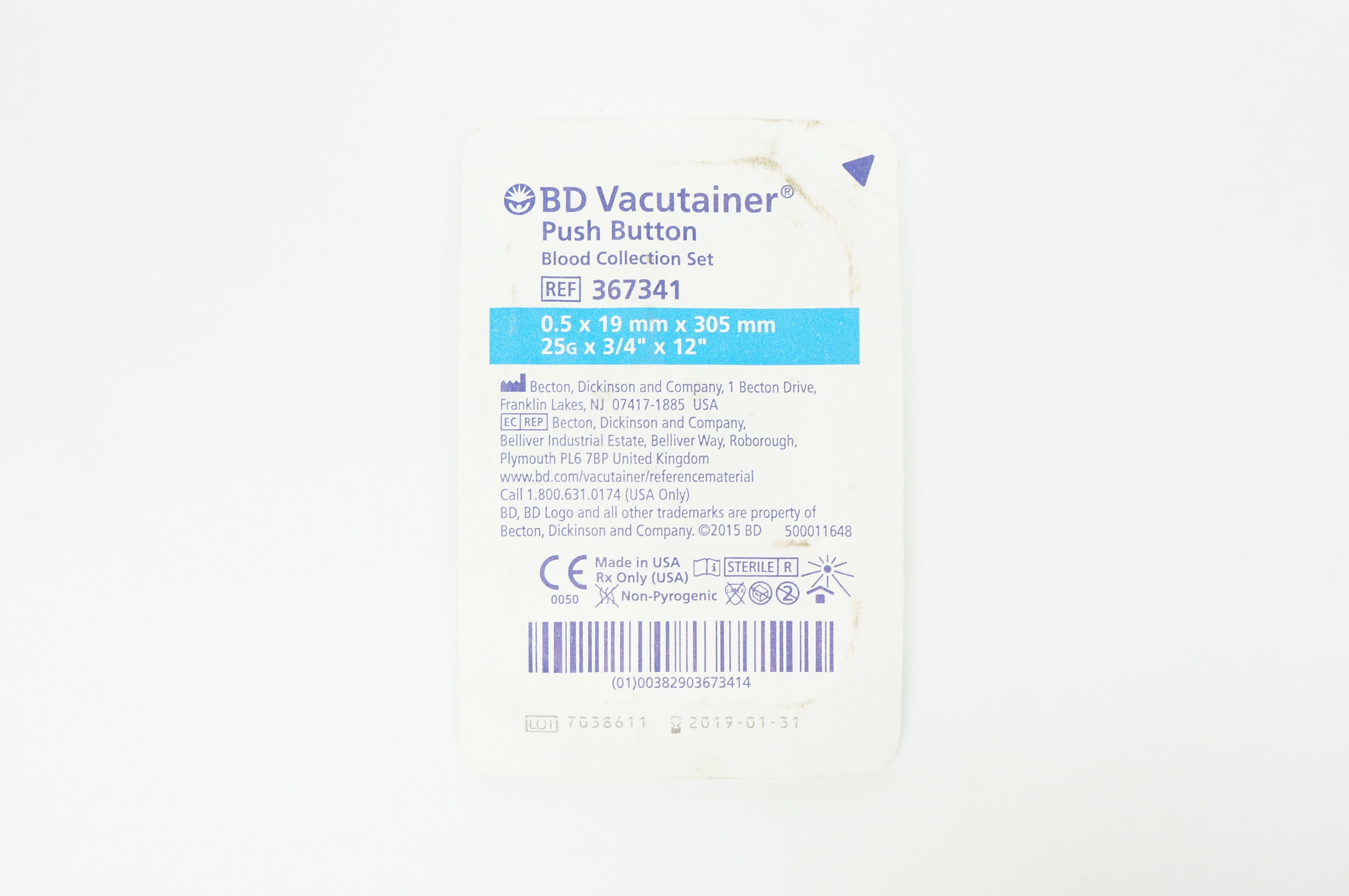 BD 367341 Vacutainer Push Button Blood Collection Set 25G x 3/4 x 12 inch (x)
