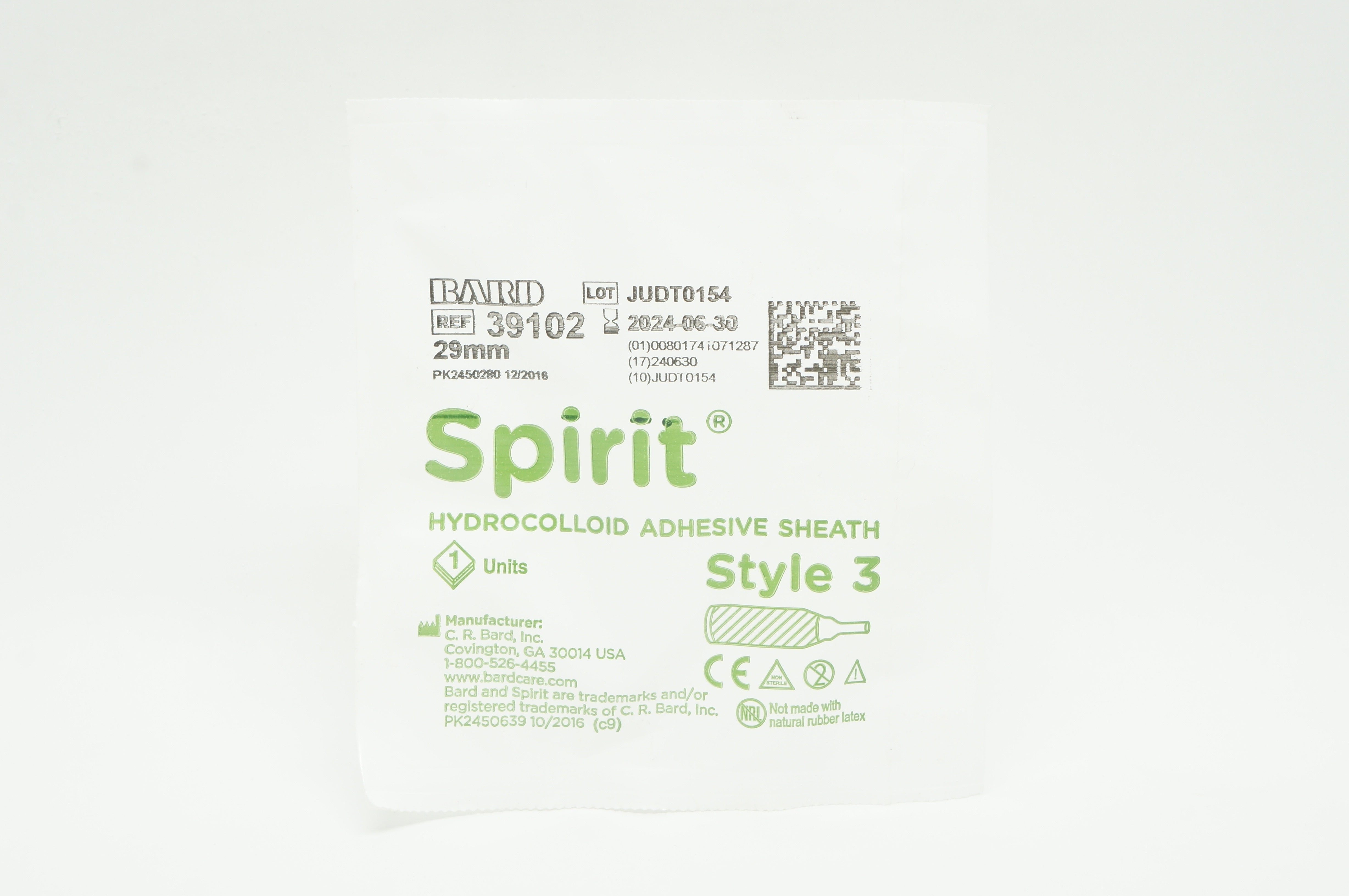 Bard 39102 Spirit Hydrocolloid Adhesive Sheath Style 3, 29mm