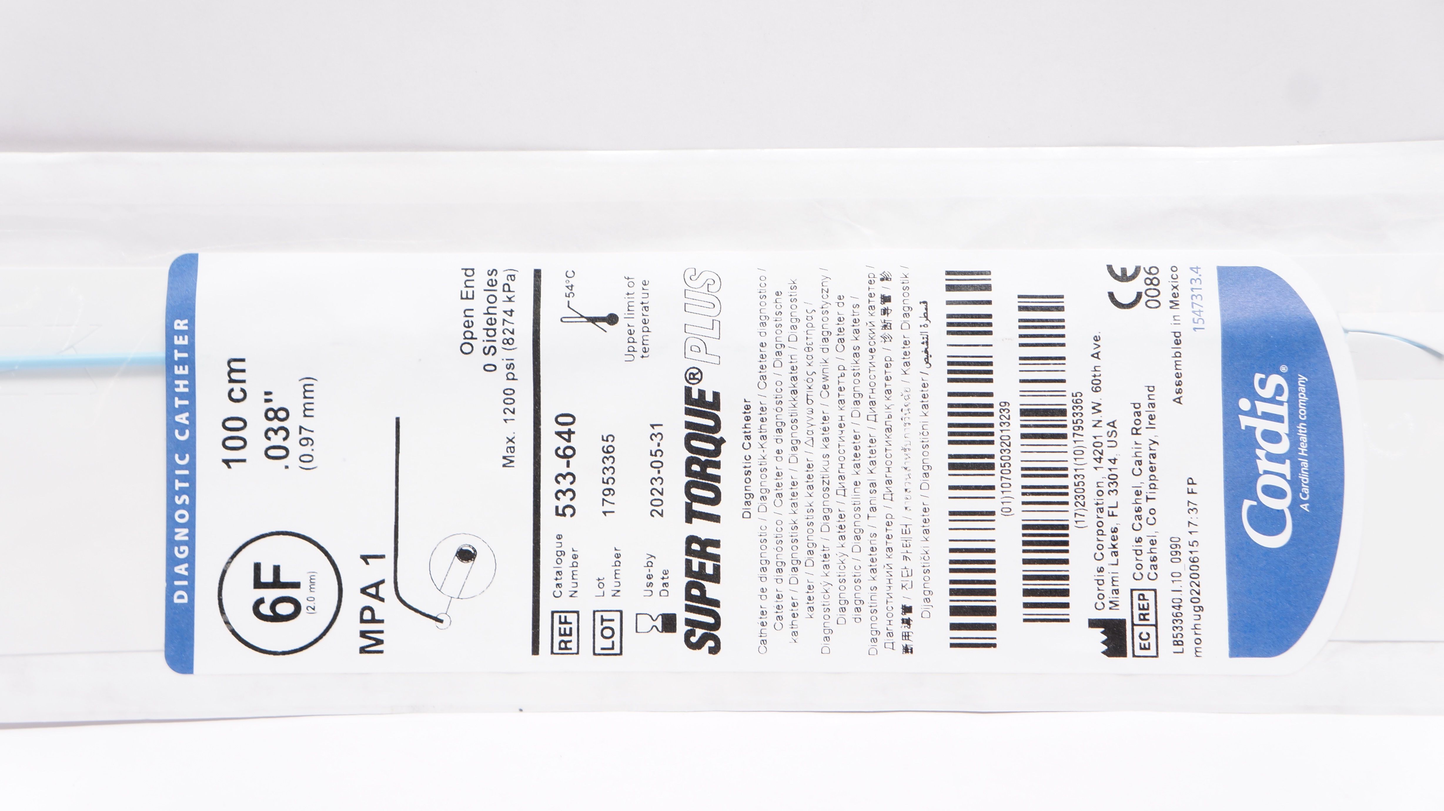 Cordis 533640 Super TorquePlus Diagnostic Cath. MPA1 6F x 100cm x