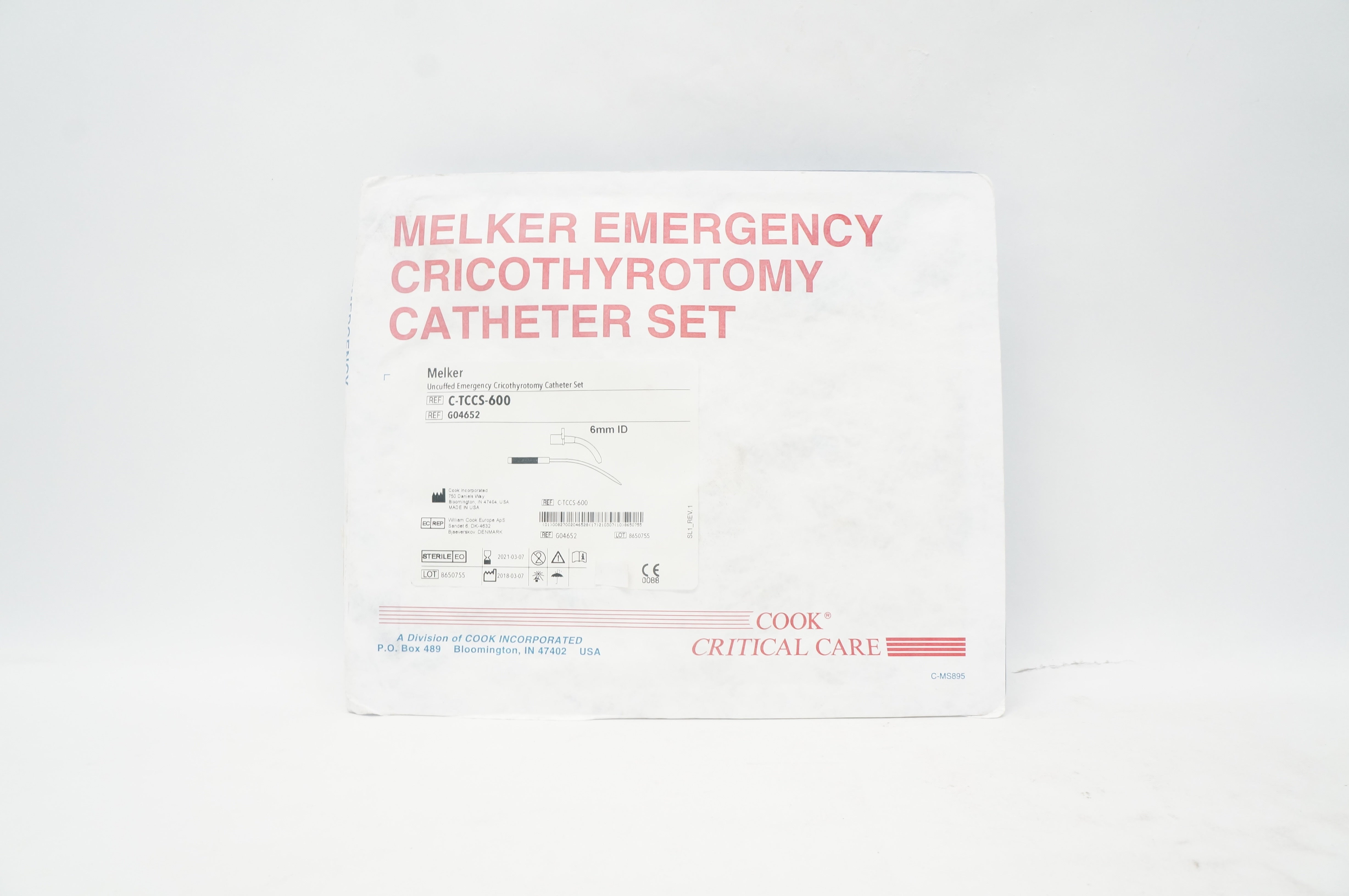 Cook Medical G04652 Melker Uncuffed Emergency Cricothyrotomy Cath. Set 6mm (x)