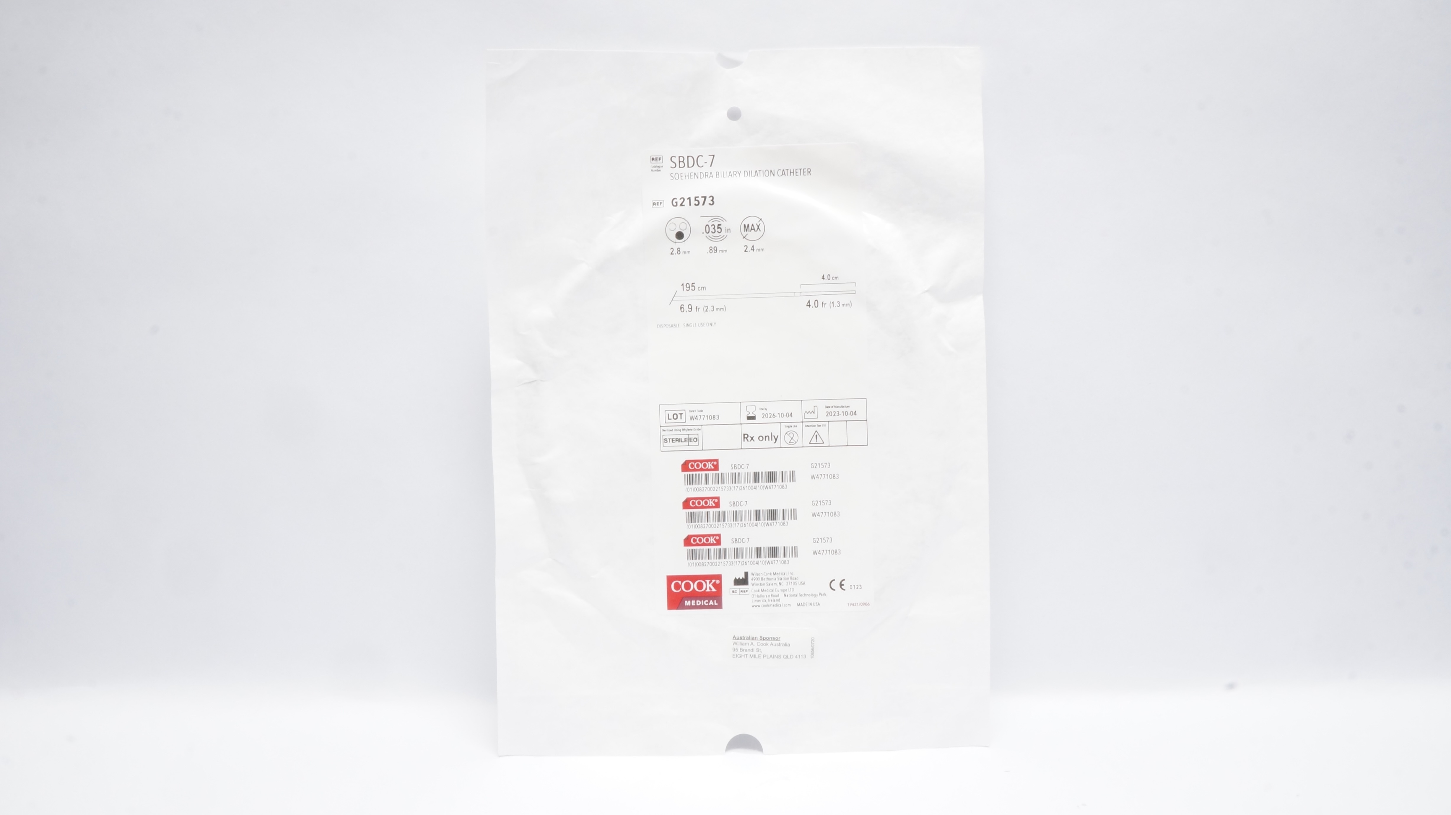 Cook Medical G21573 Soehendra Biliary Dilation Cath. 4Fr x 195cm x 4.0cm