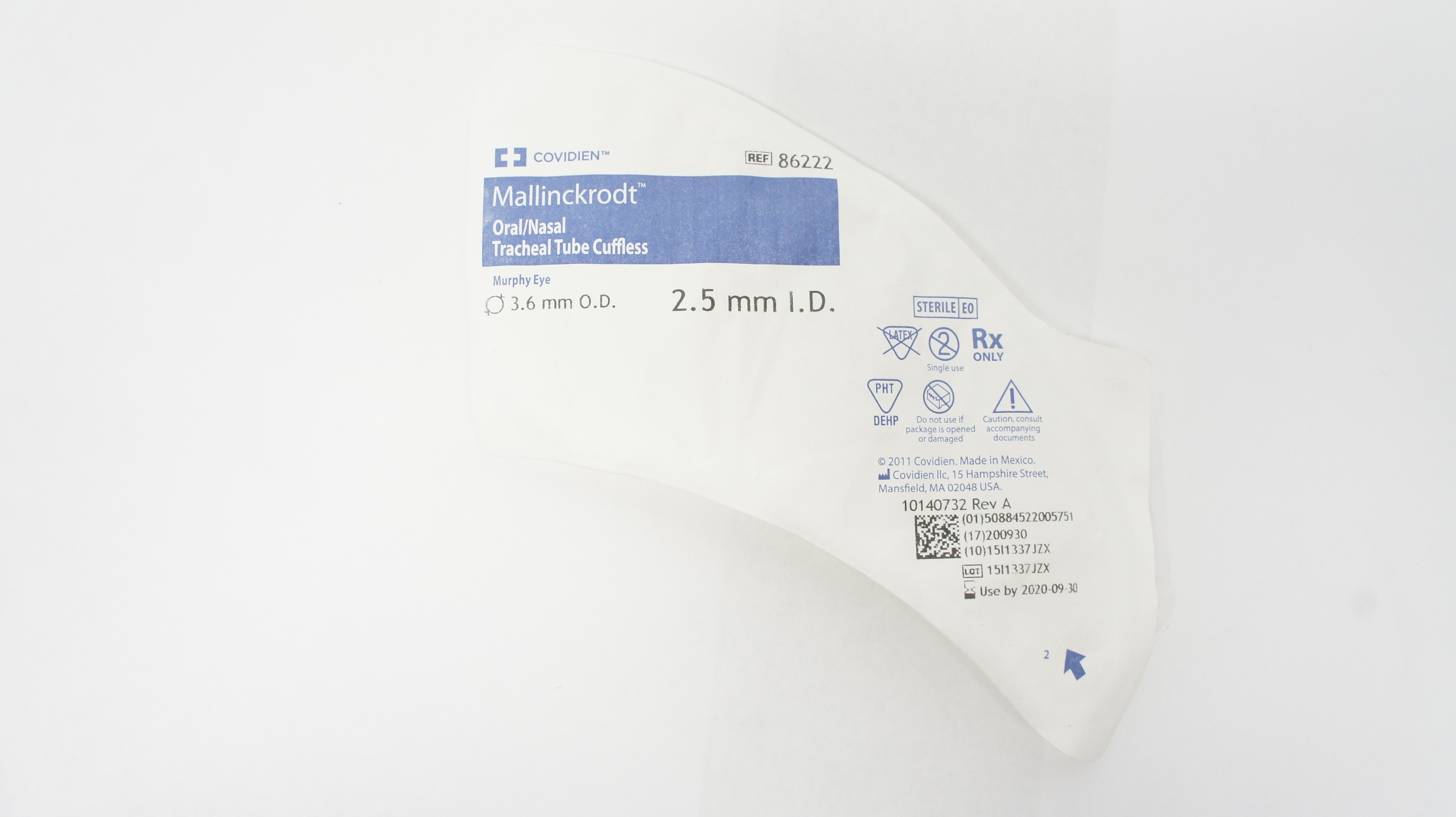 Covidien 86222 Mallinckrodt Oral/Nasal Tracheal Tube Cuffless 2.5mm  x 3.6mm (x)