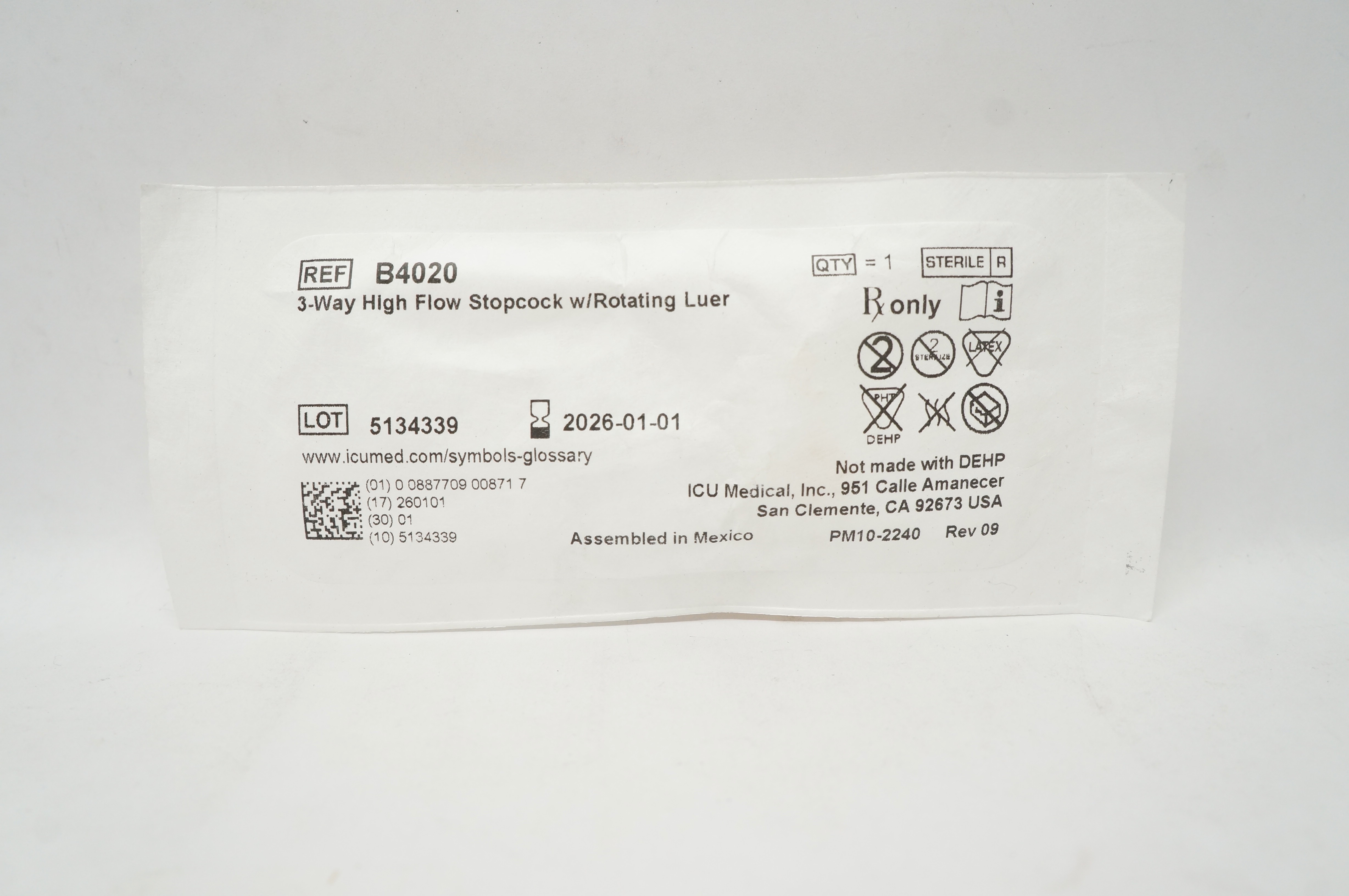 ICU Medical B4020 3-Way High Flow Stopcock w/Rotating Luer