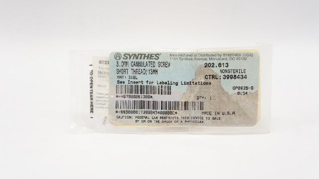 Synthes 202.613 3.0mm Cannulated Screw Short Thread 13mm