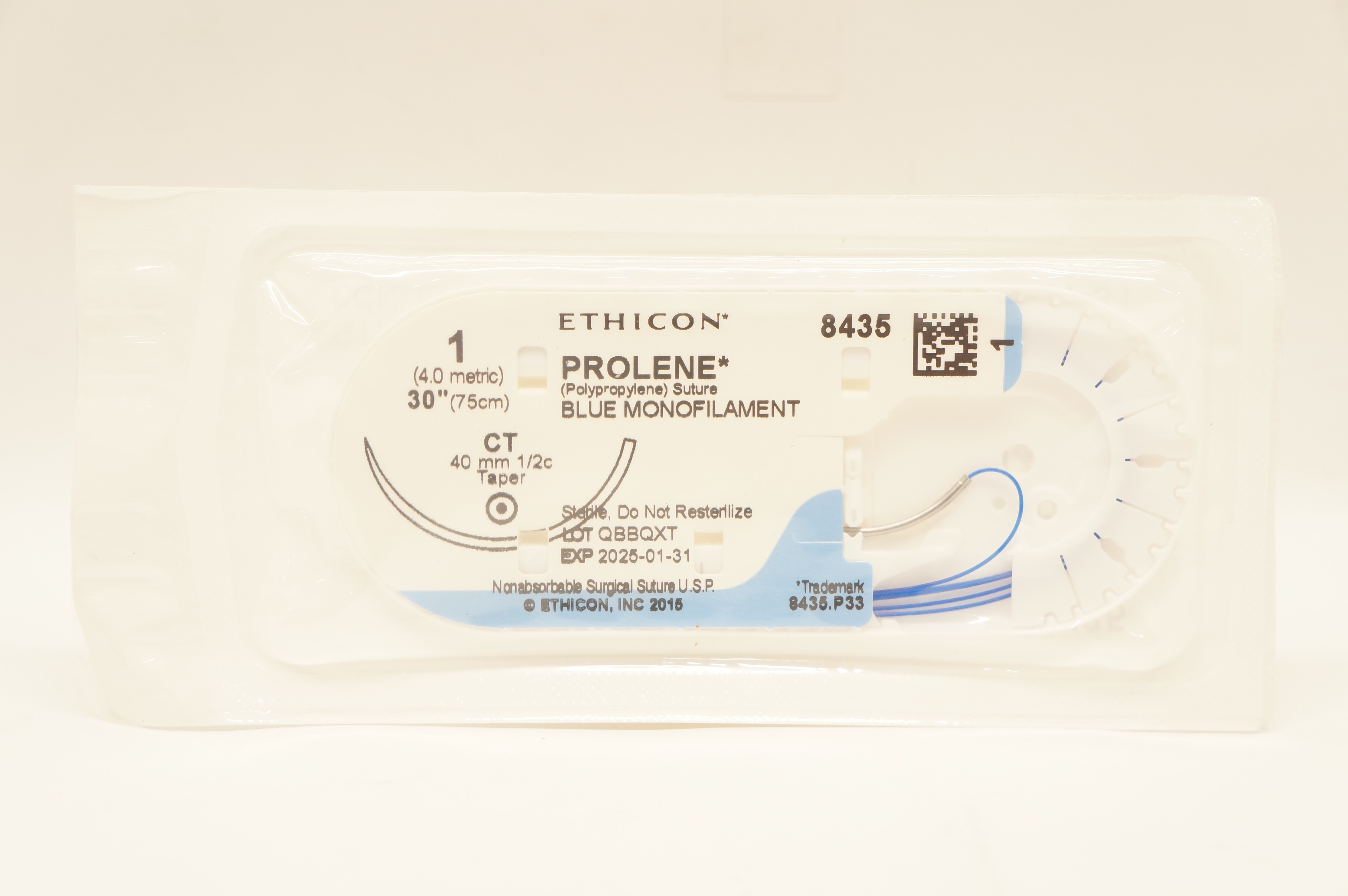 Ethicon 8435 1 Prolene Polypropylene Stre CT 40mm 1/2c Taper 30 inch