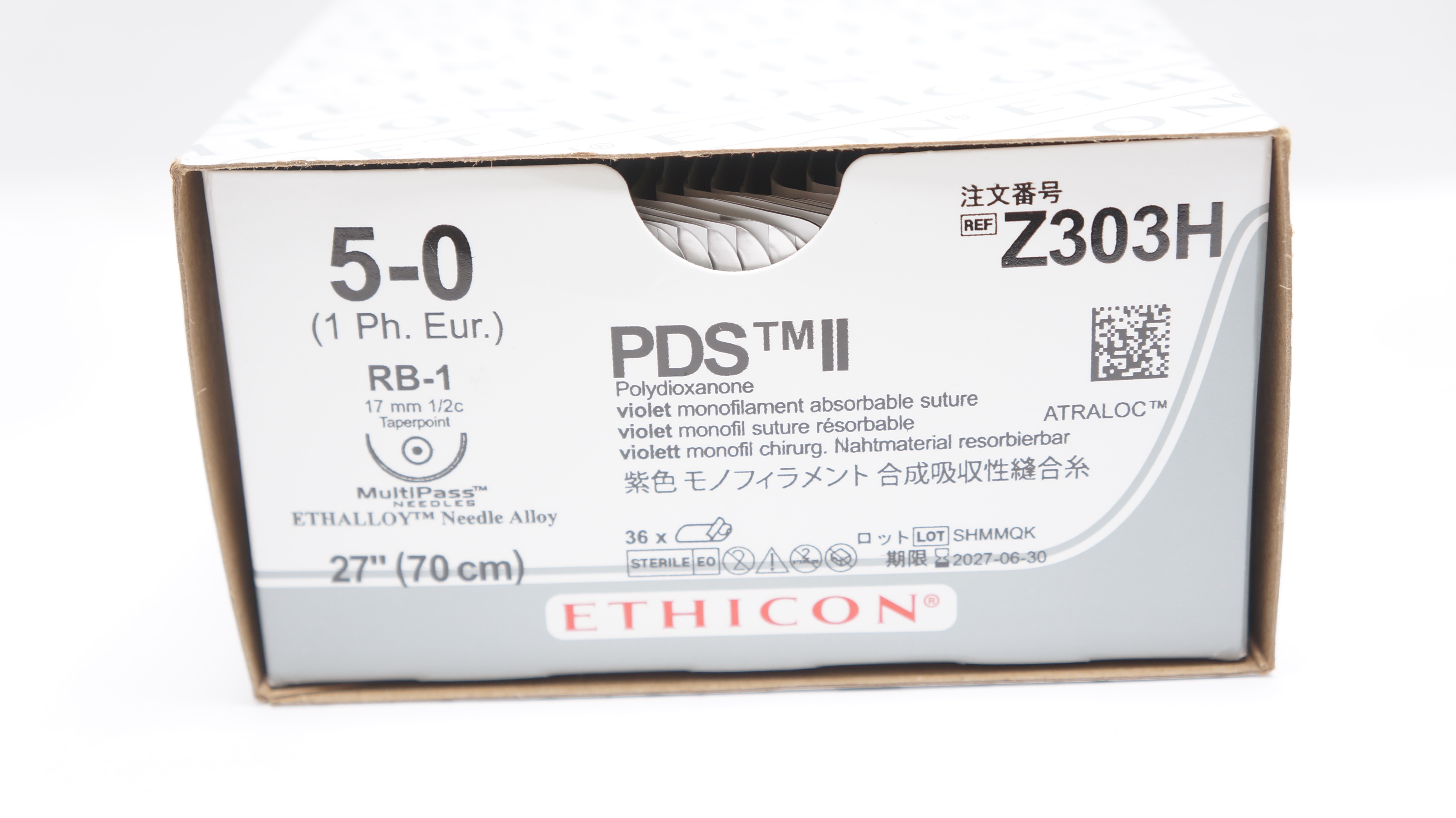 Ethicon Z303H 5-0 PDS II Stre RB-1 17mm 1/2c Taperpoint 27inch - Box of 36