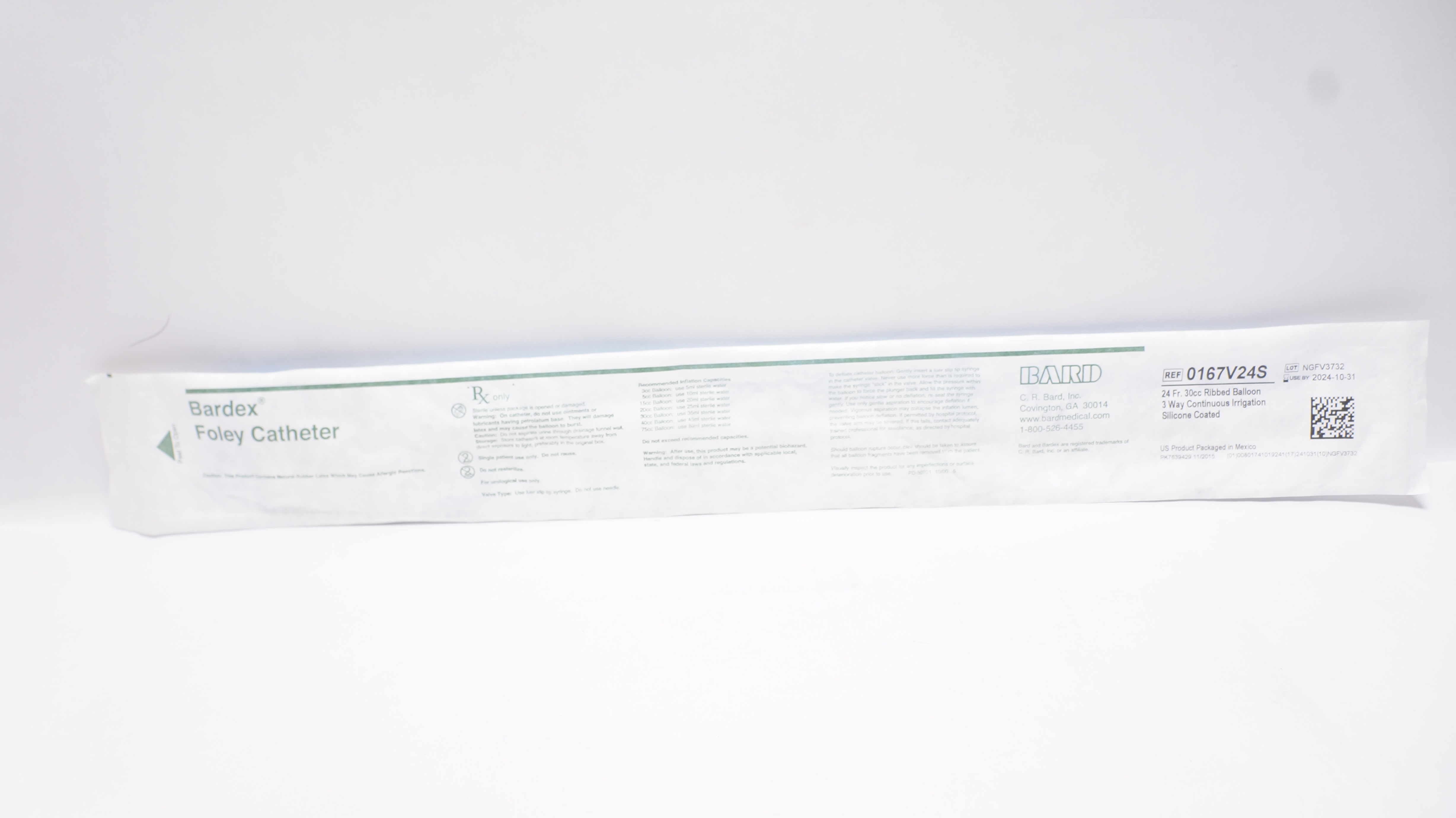 Bard 0167V24S Bardex Silicone Coated Foley Cath. 24Fr 30cc Ribbed Balloon