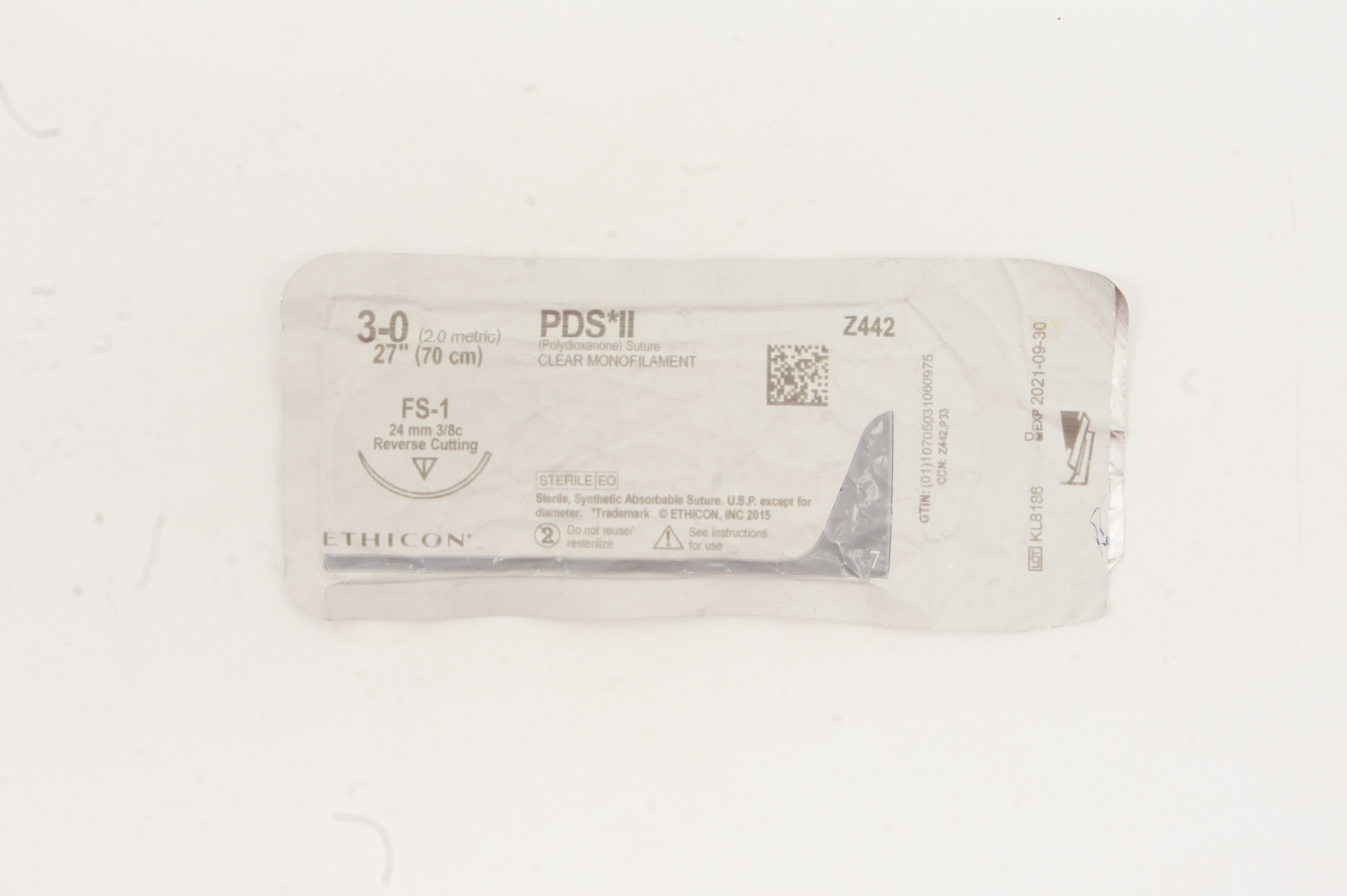 Ethicon Z442 3-0 PDS II, FS-1 24mm 3/8c Reverse Cutting Clear Monofilament, 27in