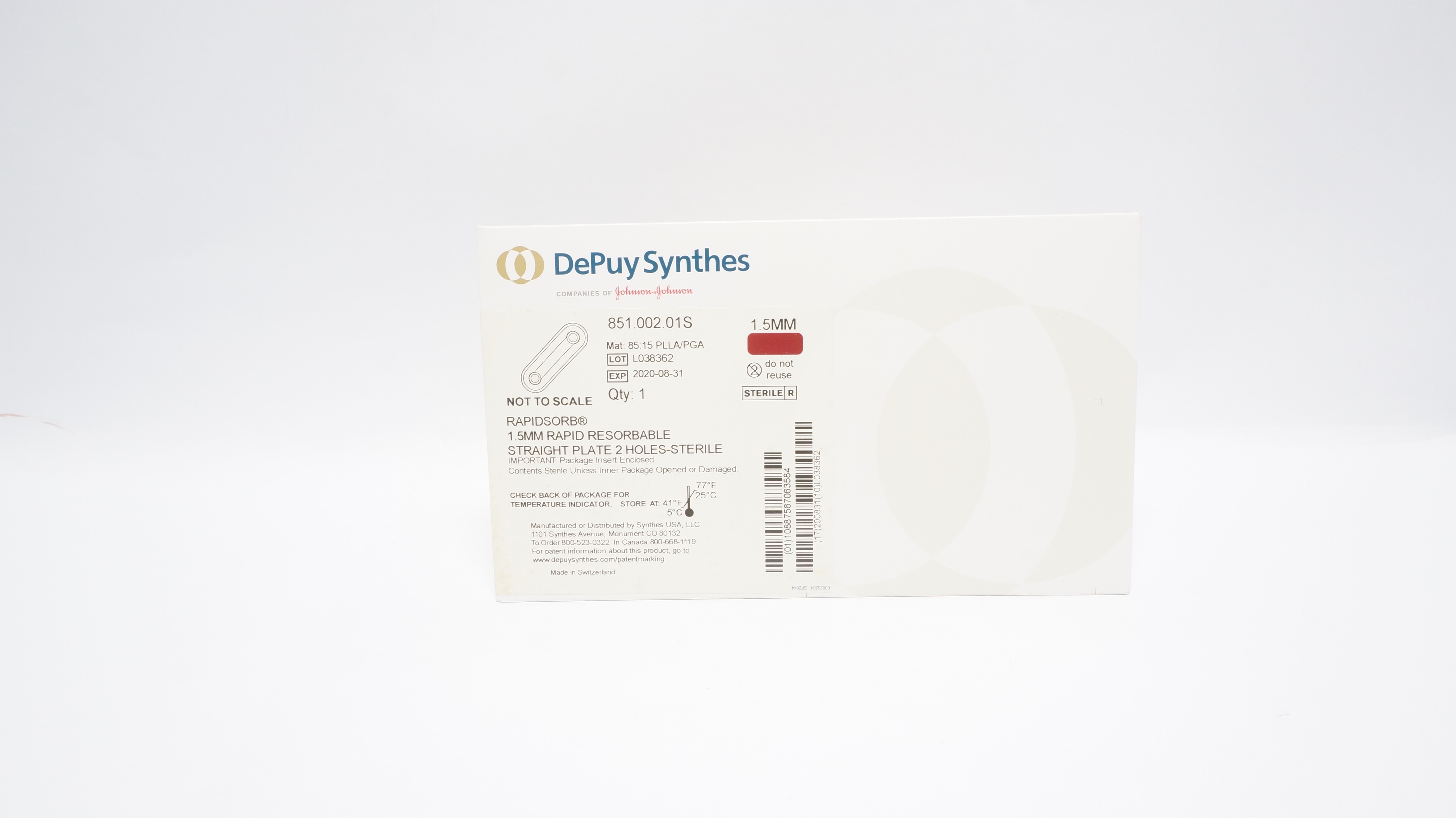 DePuy Synthes 851.002.01S 1.5mm RAPID RESAORBABLE STRAIGHT PLATE 2 HOLES (x)