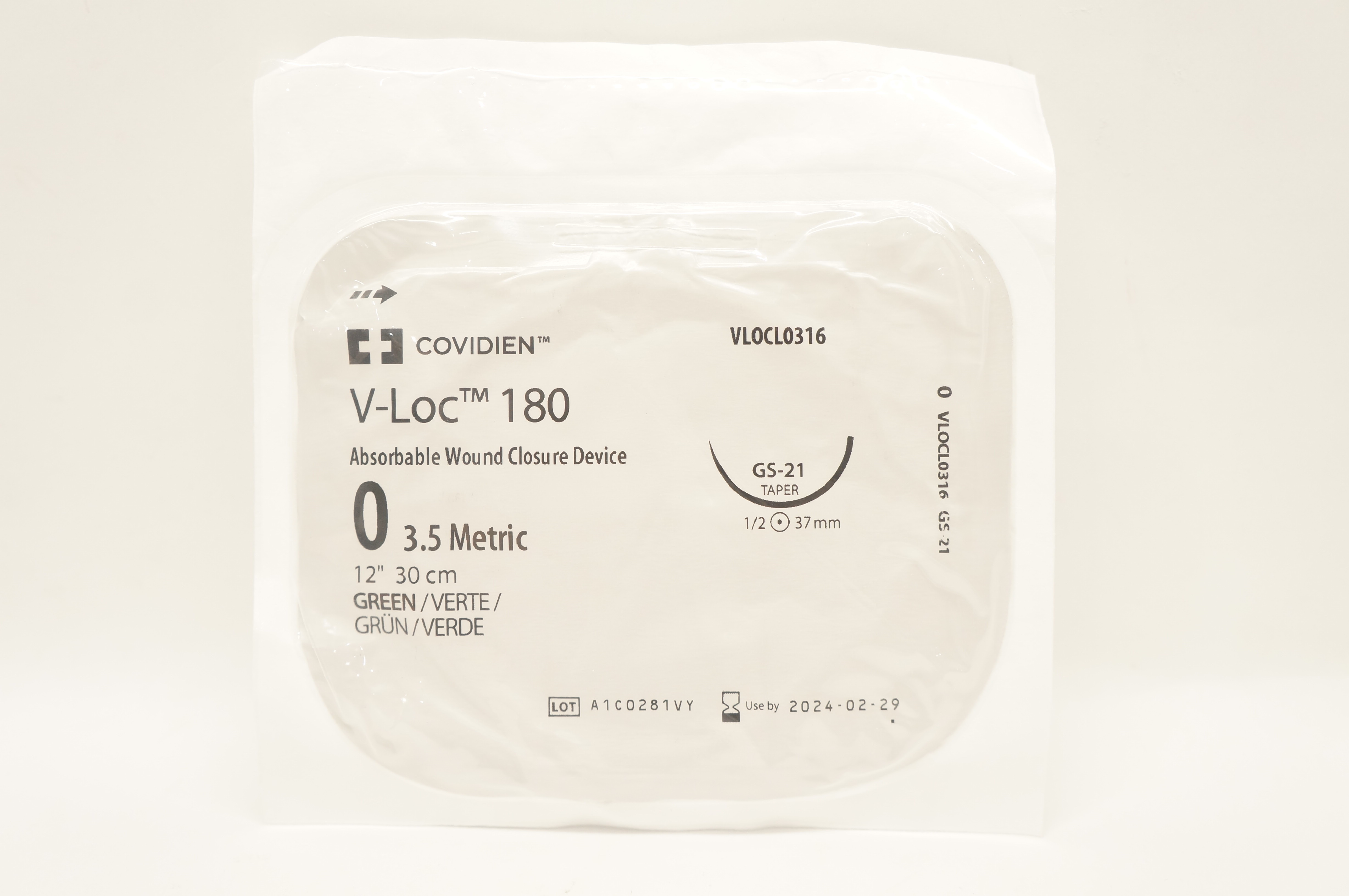Covidien VLOCL0316 0 V-Loc 180 Wound Closure Device GS-21 Taper 1/2 37mm, 12inch