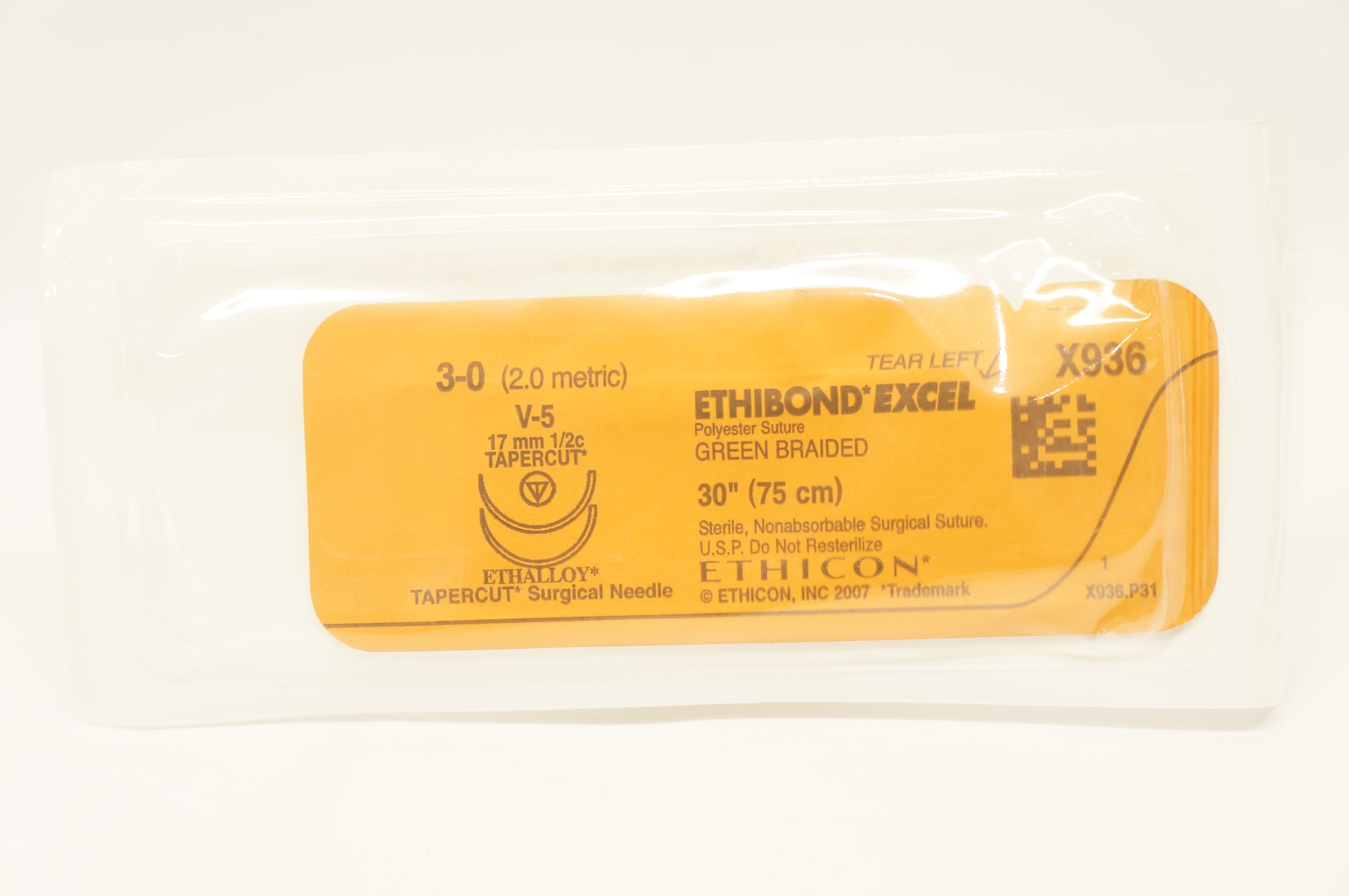 Ethicon X936 3-0 Ethibond Excel, Polyester Stre V-5, 17mm 1/2c Tapercut, 30inch (x)