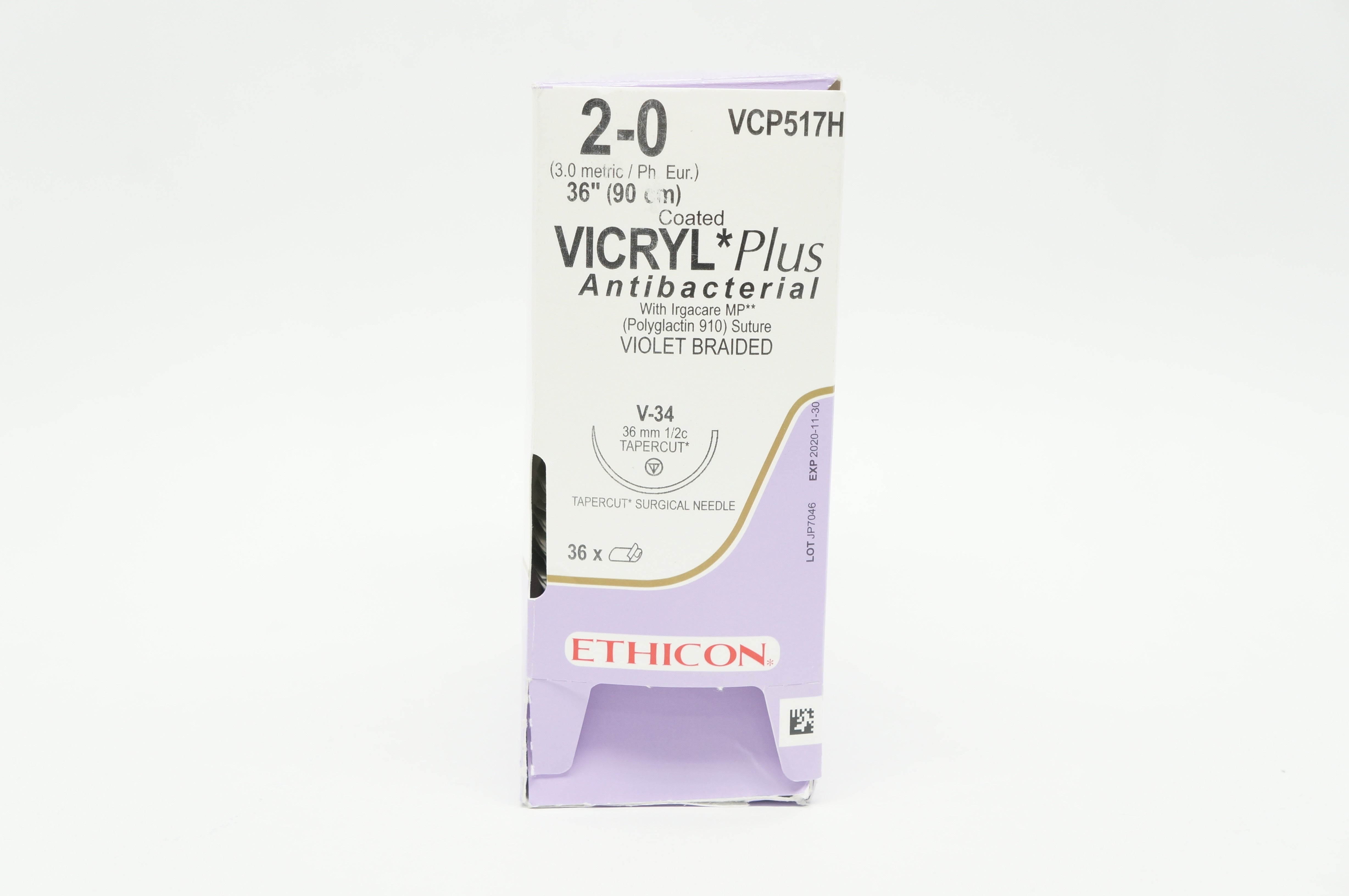 Ethicon VCP517H 2-0 VICRYL Plus V-34 36mm 1/2c Tapercut 36 inch (x) - Box of 36