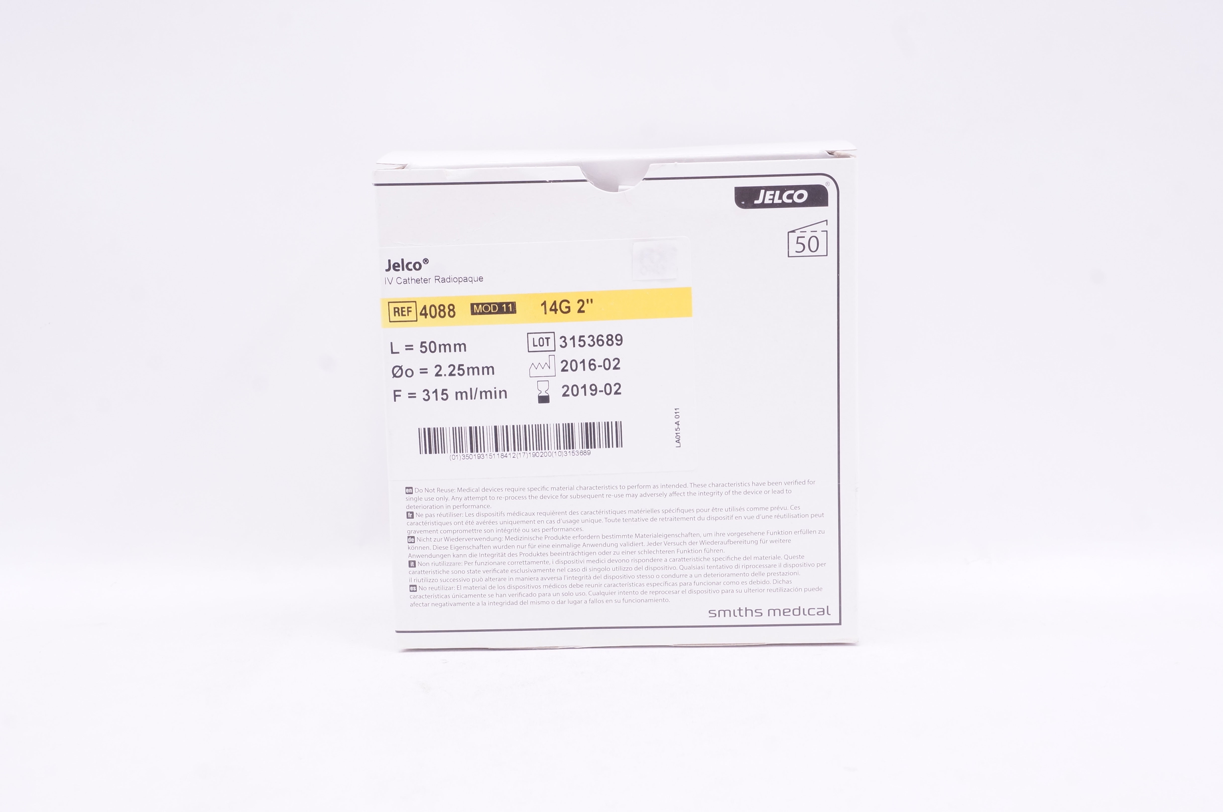 Smiths Medical 4088 Jelco I.V. Cath. Radiopaque 14G x 2inch Box of 50 (x)