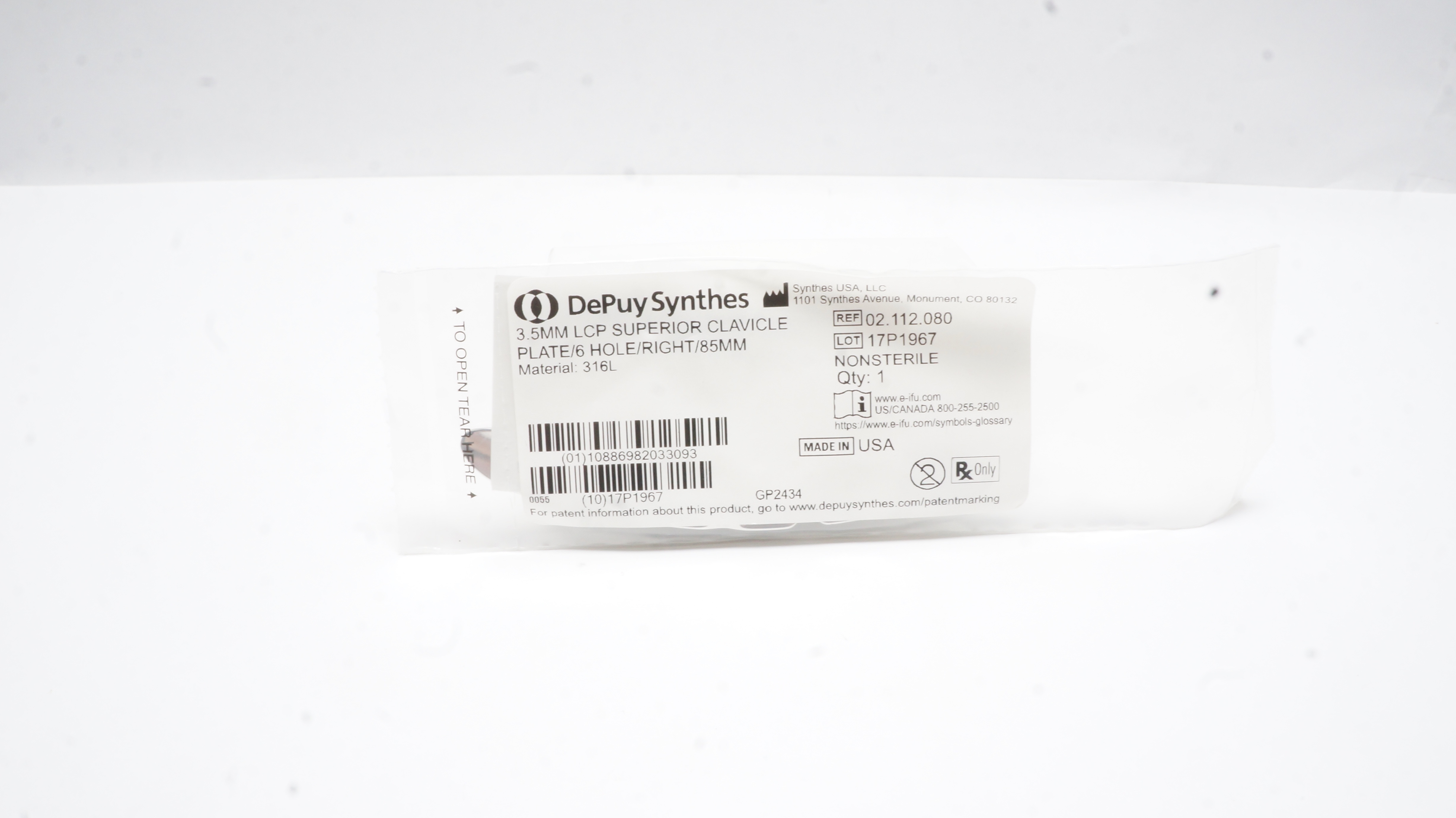 DePuy Synthes 02.112.080 3.5mm LCP Superior Clavicle Plate /6Hole/Right/85mm